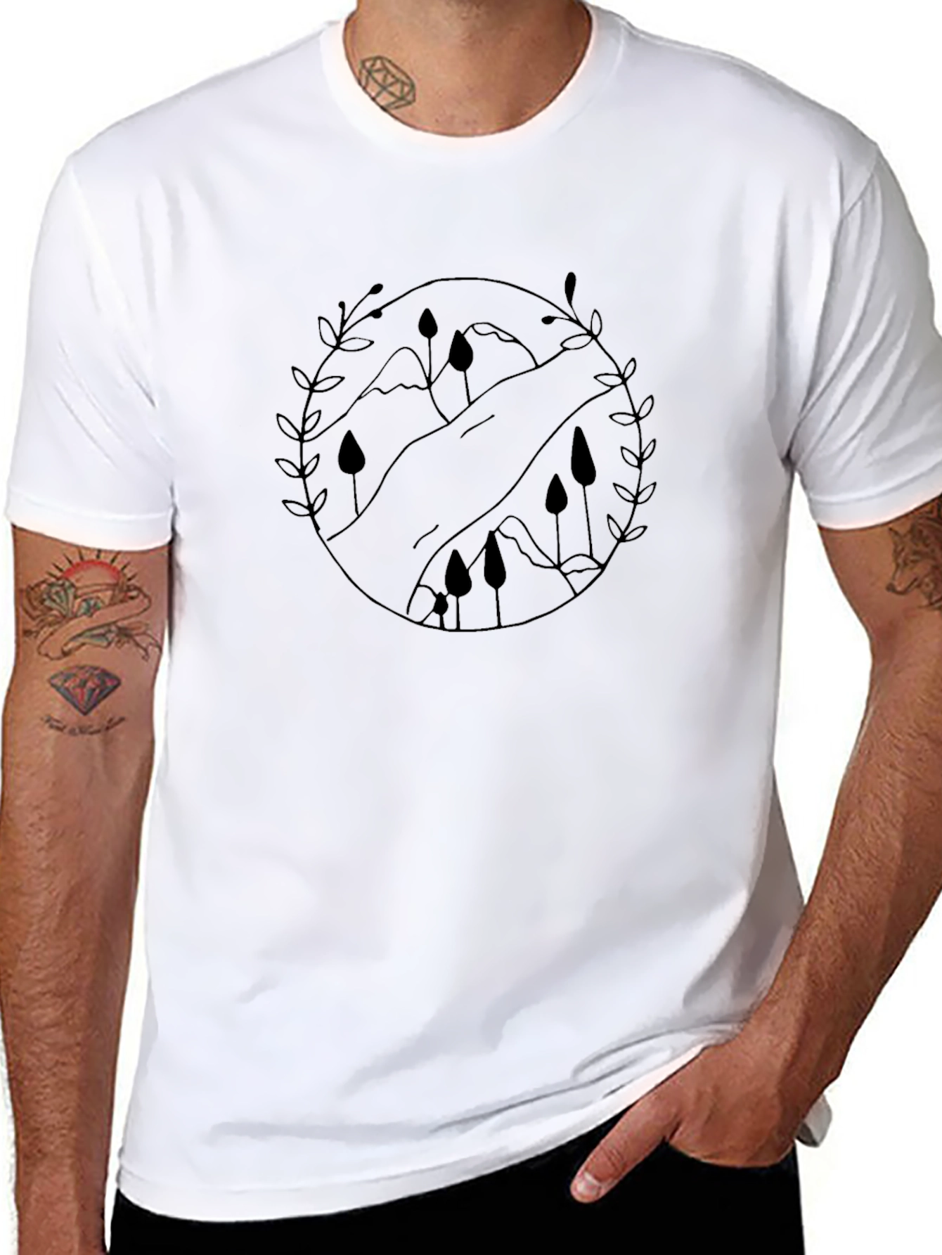 Nature Scene Graphic Tee - Black Cotton Casual Shirt