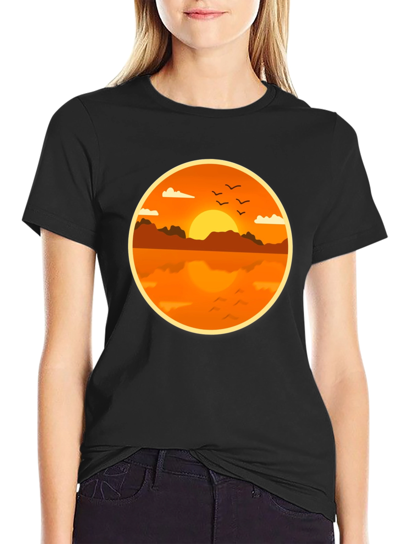 Sunset Lake Graphic Tee - Black Cotton Comfort