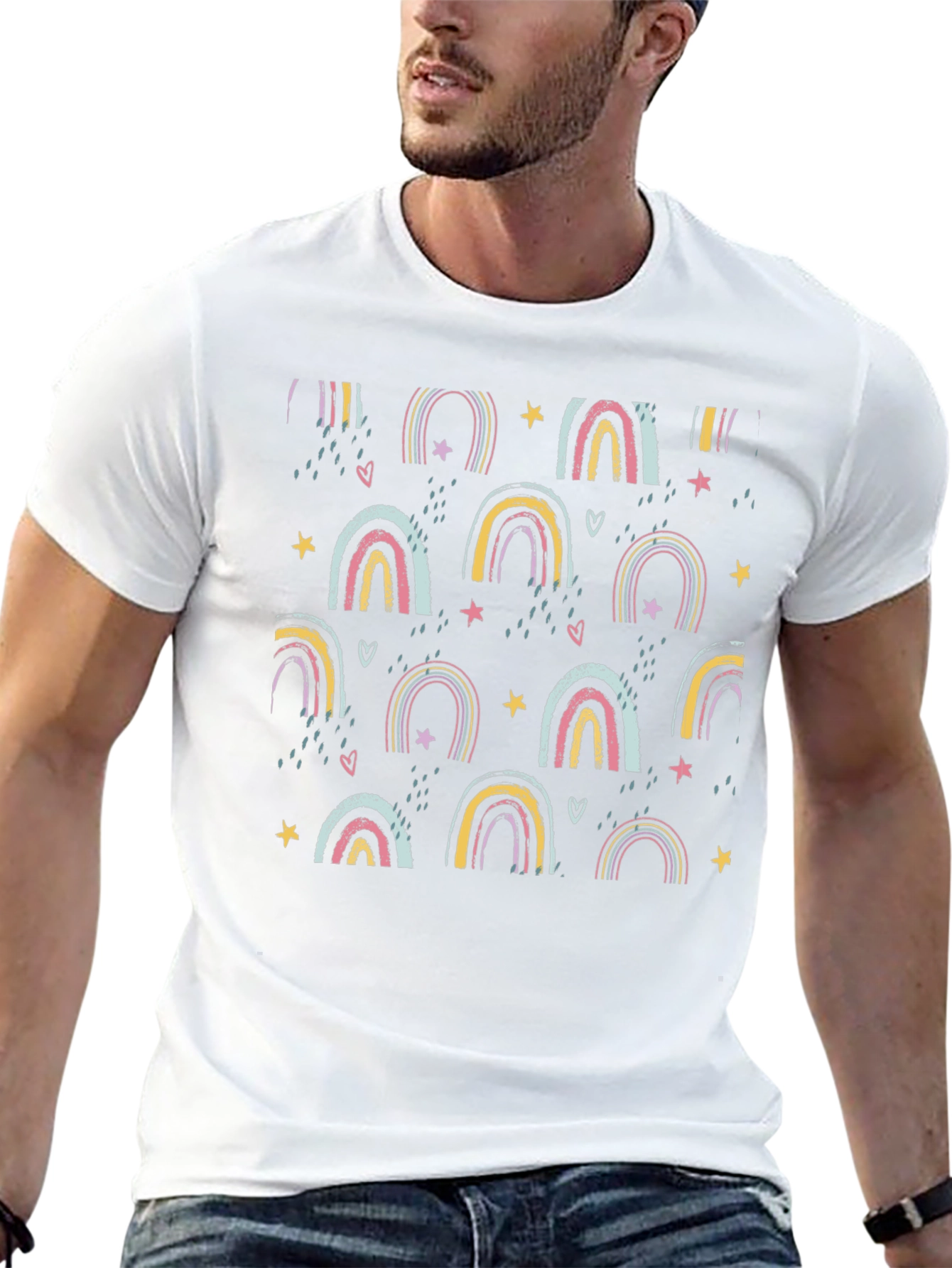 Rainbow Star Pattern Black T-Shirt