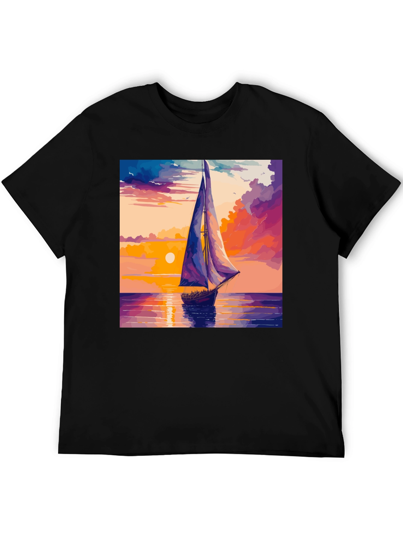 Sunset Sailboat Graphic Tee - Black Cotton Casual T-Shirt
