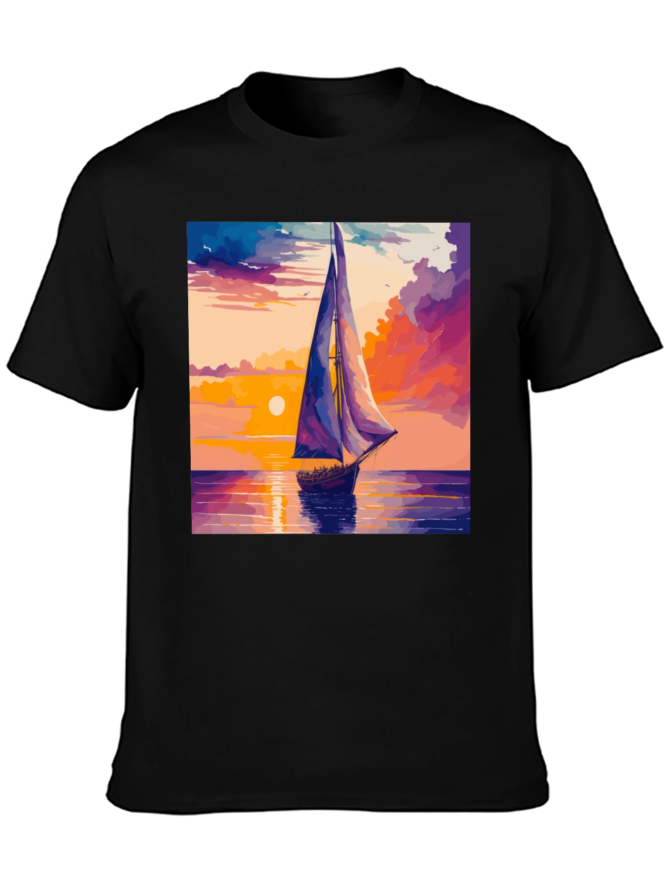 Sunset Sailboat Graphic Tee - Black Cotton Casual T-Shirt