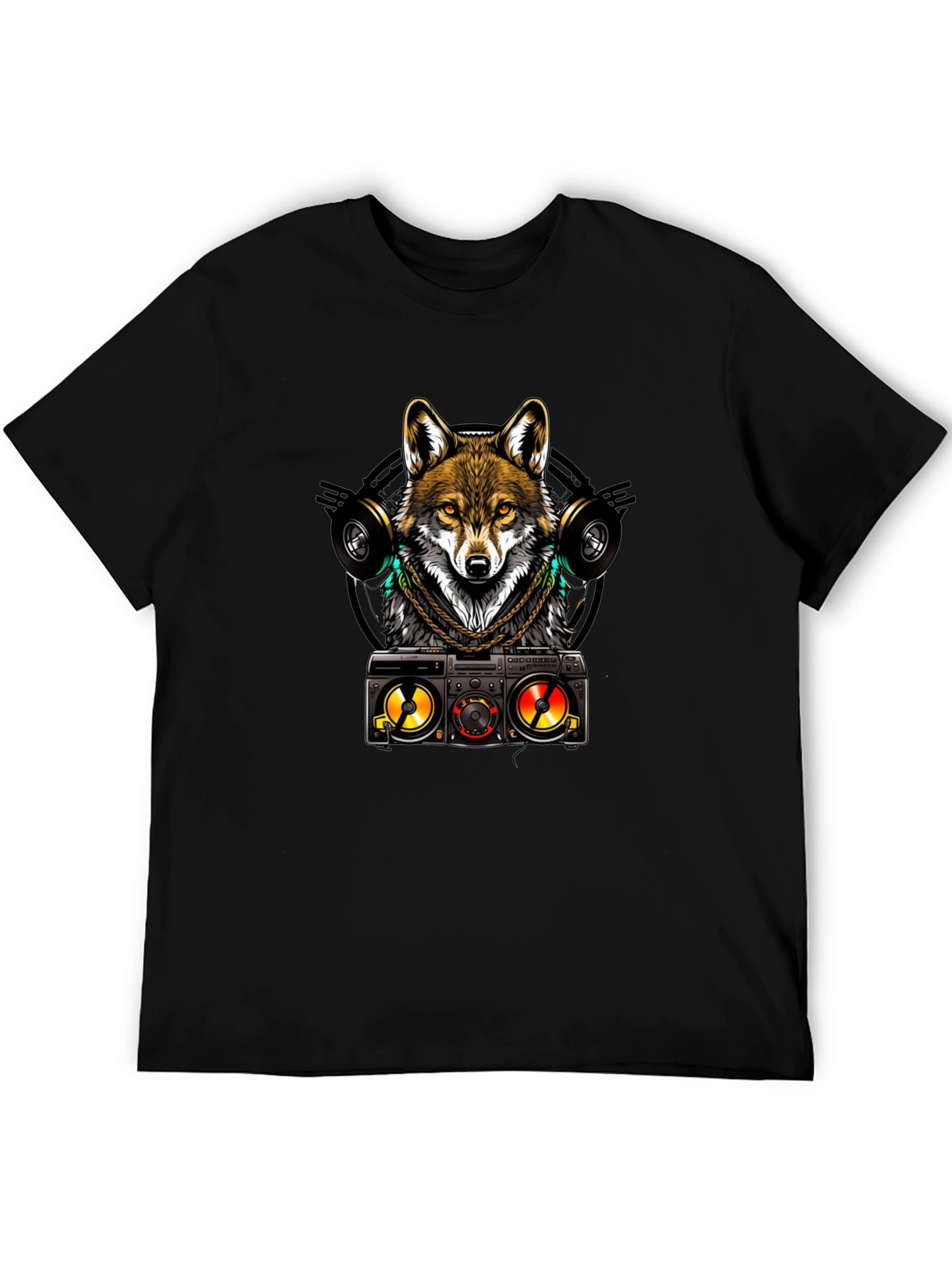 Cool Wolf DJ Graphic Tee - Black Cotton Blend