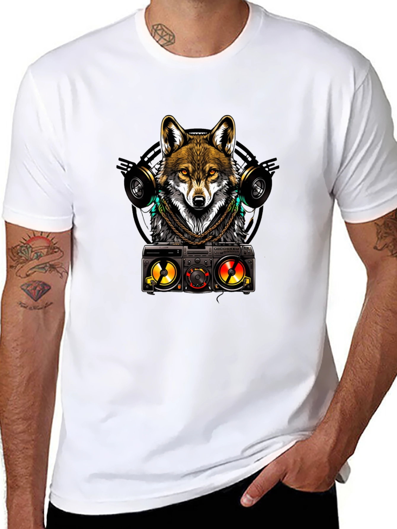Cool Wolf DJ Graphic Tee - Black Cotton Blend