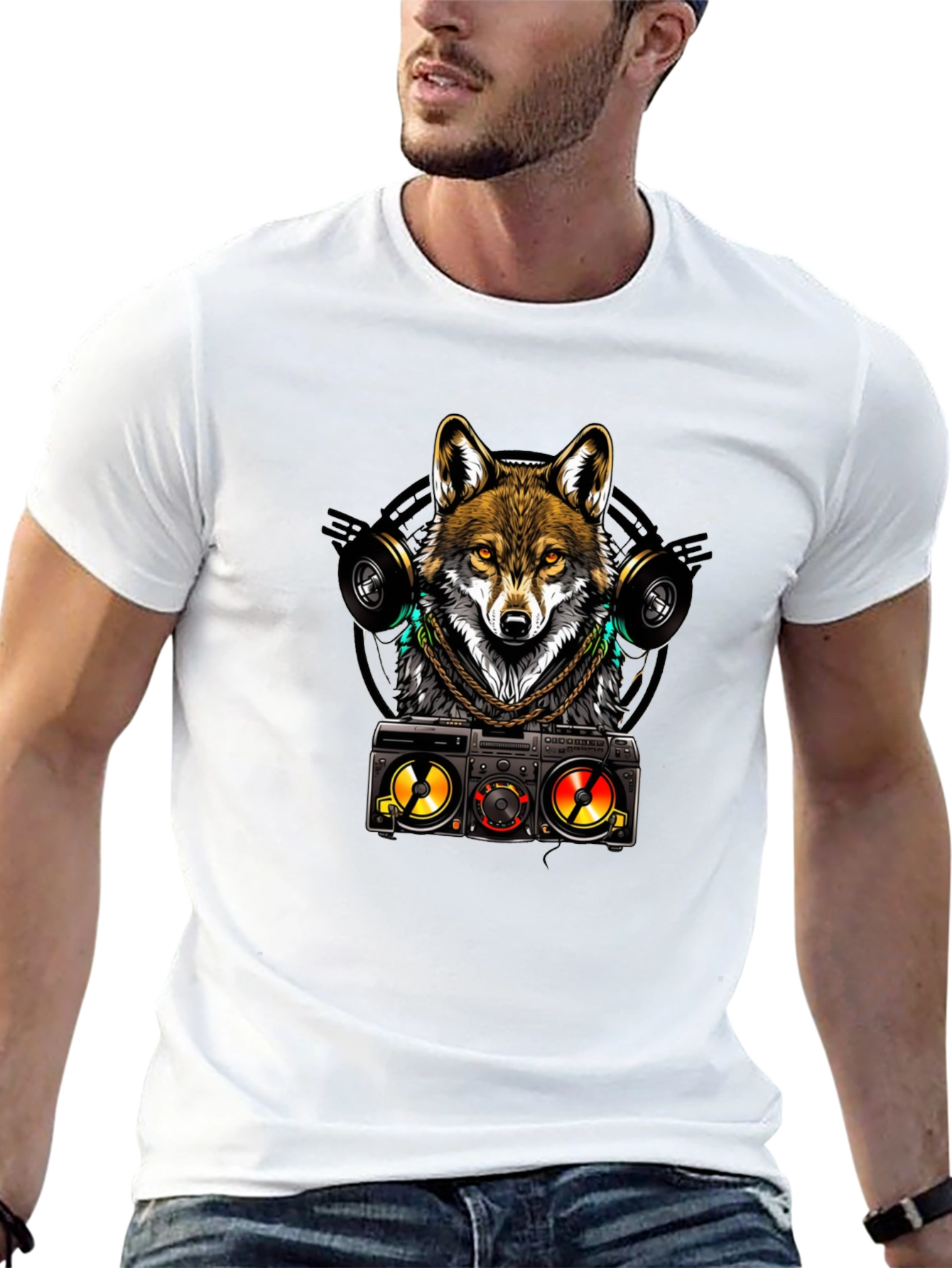 Cool Wolf DJ Graphic Tee - Black Cotton Blend