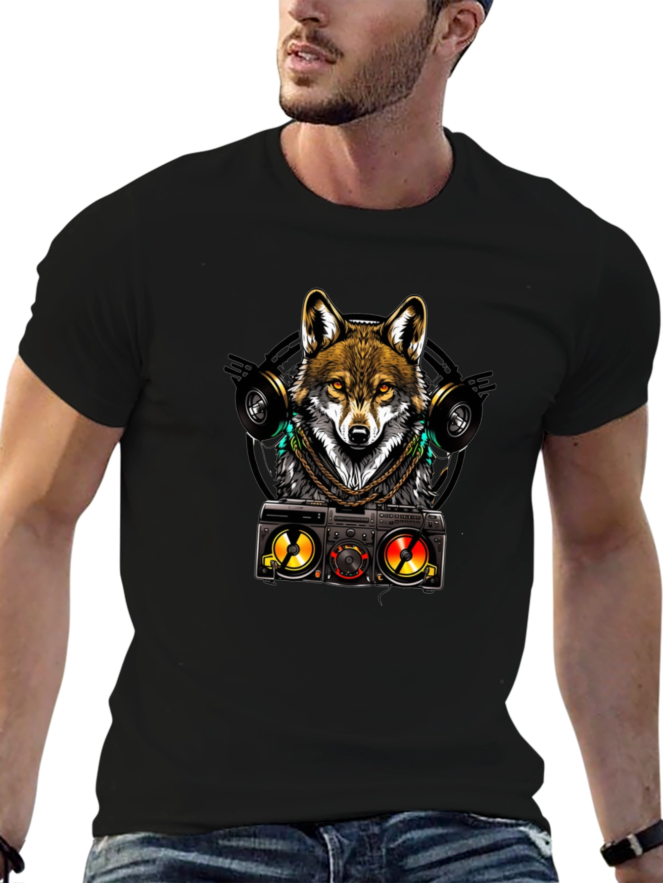 Cool Wolf DJ Graphic Tee - Black Cotton Blend