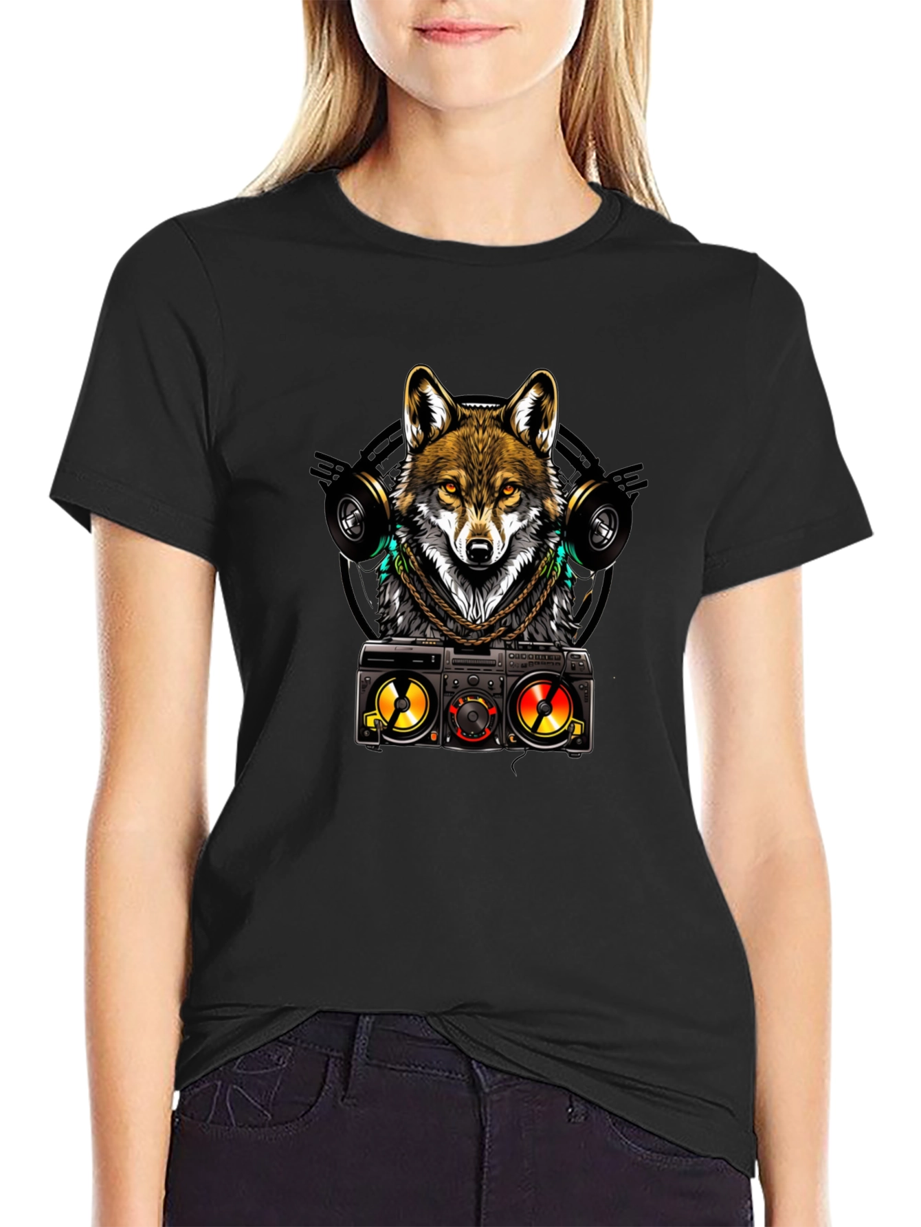Cool Wolf DJ Graphic Tee - Black Cotton Blend