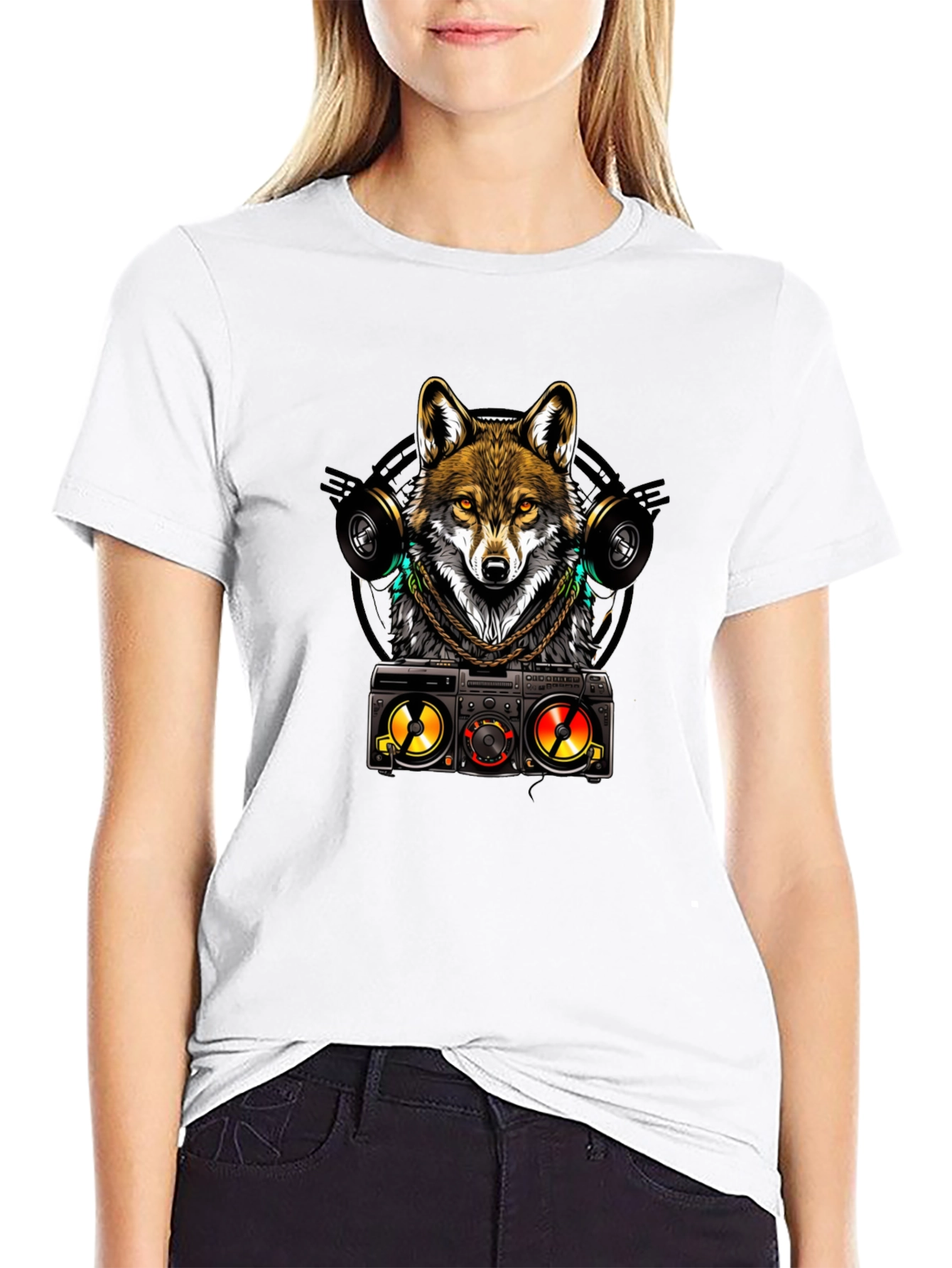 Cool Wolf DJ Graphic Tee - Black Cotton Blend