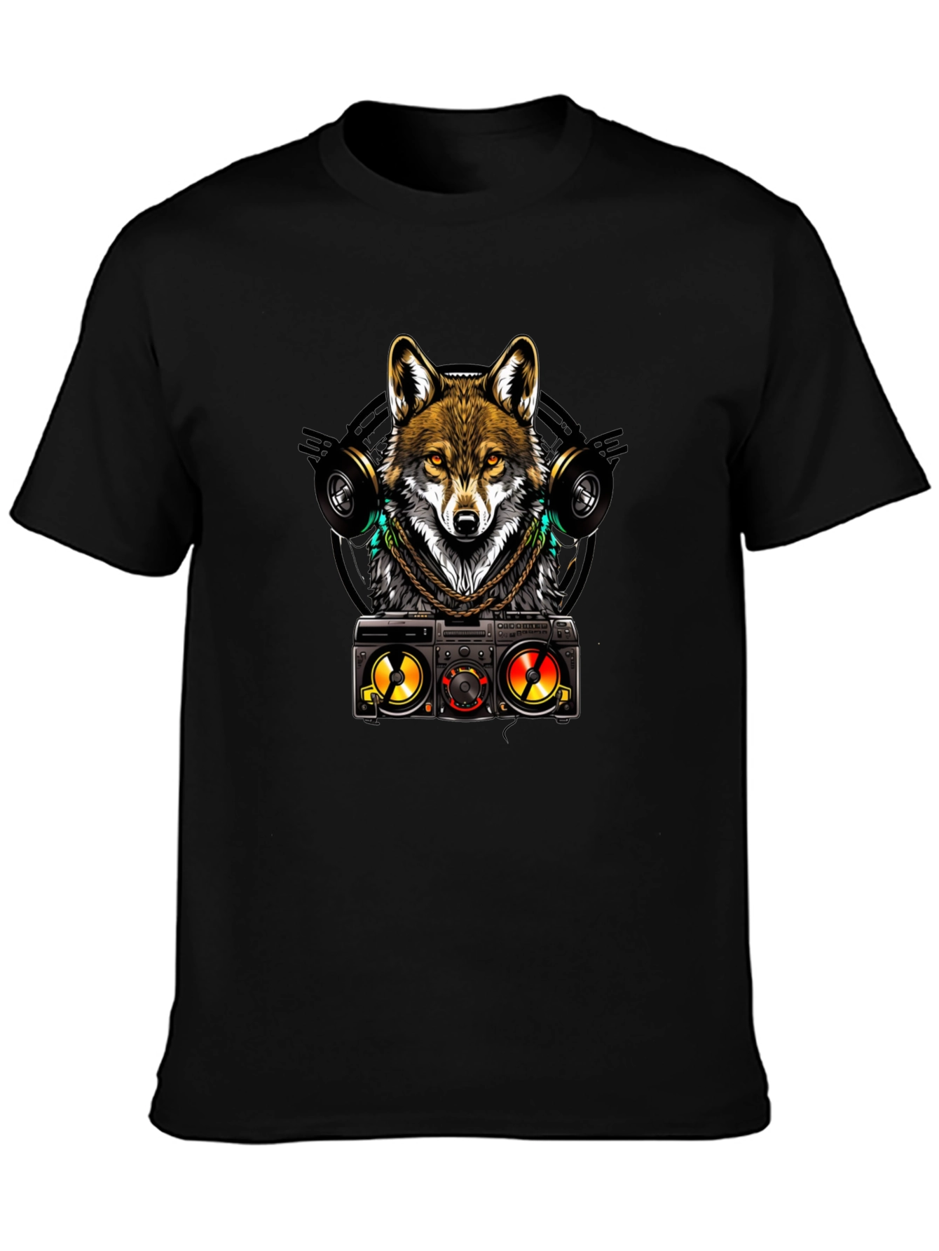 Cool Wolf DJ Graphic Tee - Black Cotton Blend
