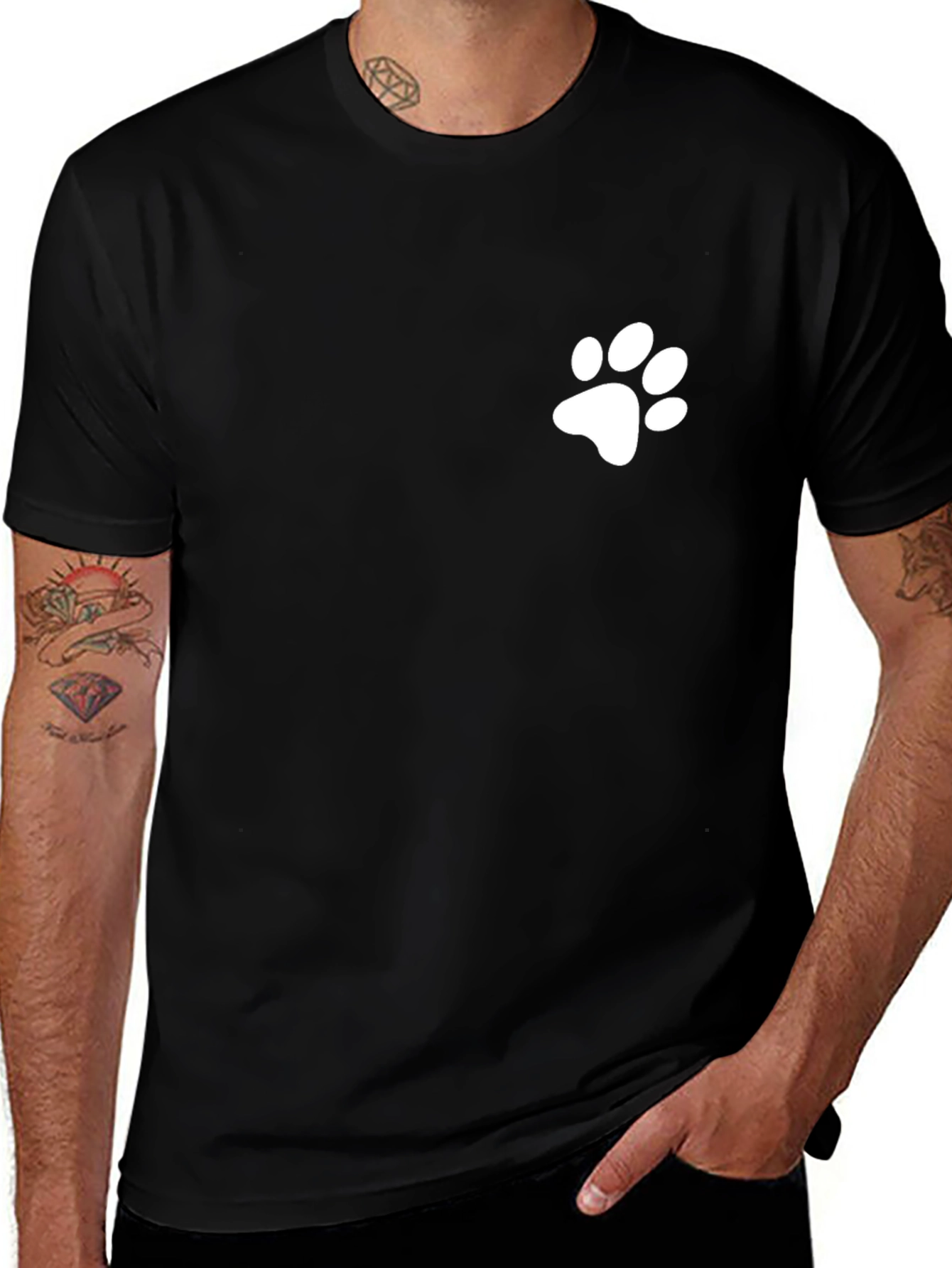 Mens Black T-Shirt with White Paw Print
