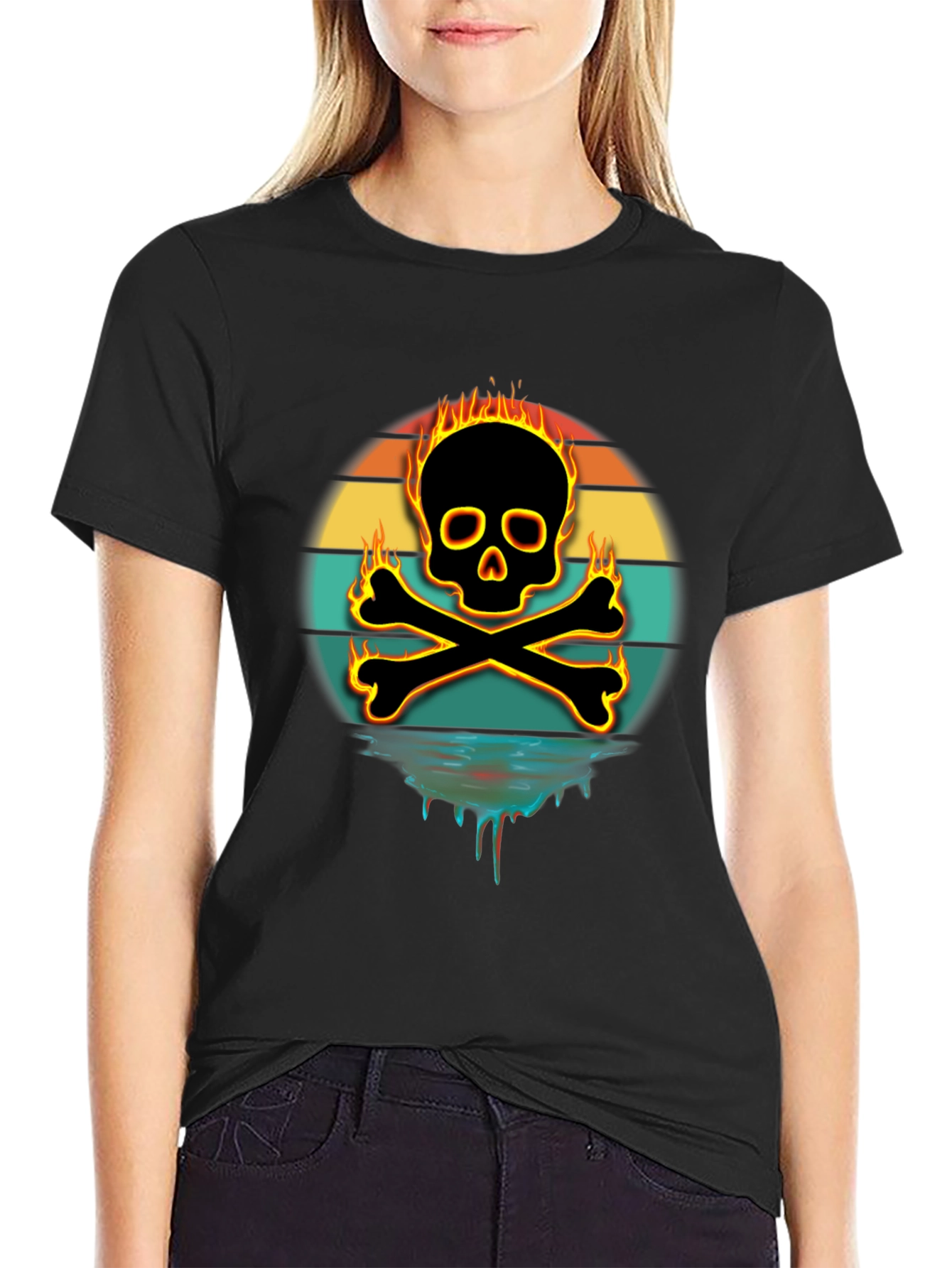 Fiery Skull & Crossbones Graphic Tee - Black