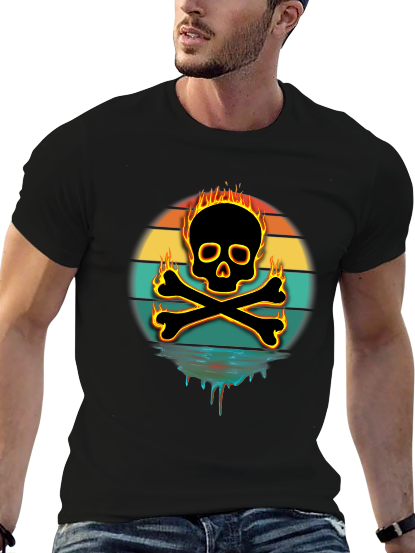 Fiery Skull & Crossbones Graphic Tee - Black