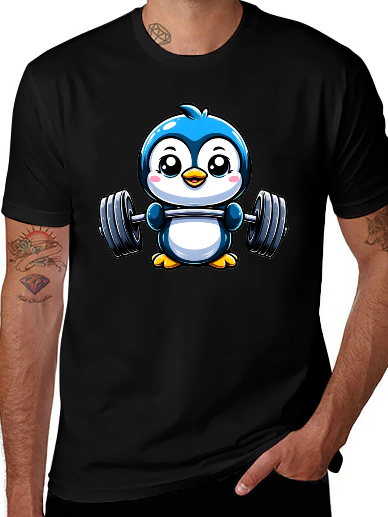 Cute Penguin Lifting Weights Graphic Tee