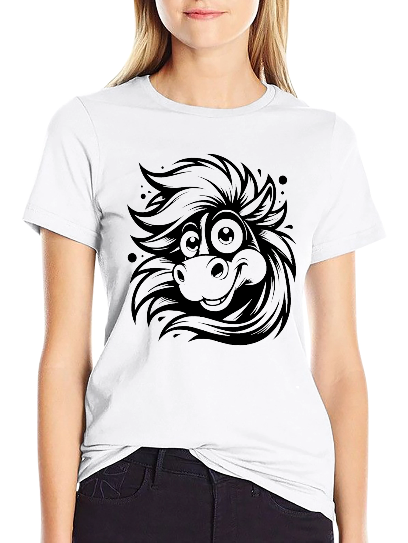 Cartoon Horse Tee - Quirky Black Graphic T-Shirt