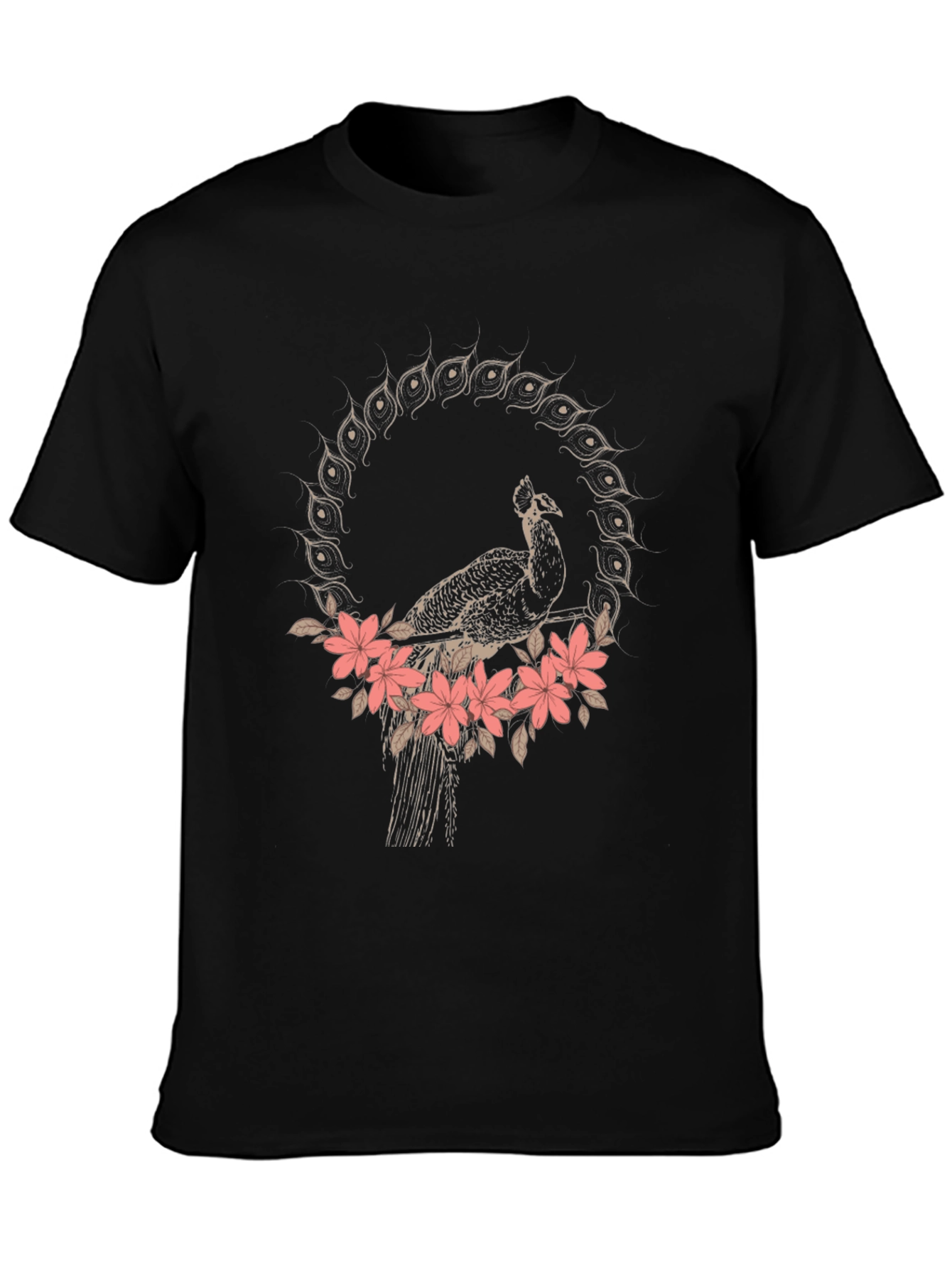 Peacock Floral Graphic Tee - Stylish Black T-Shirt