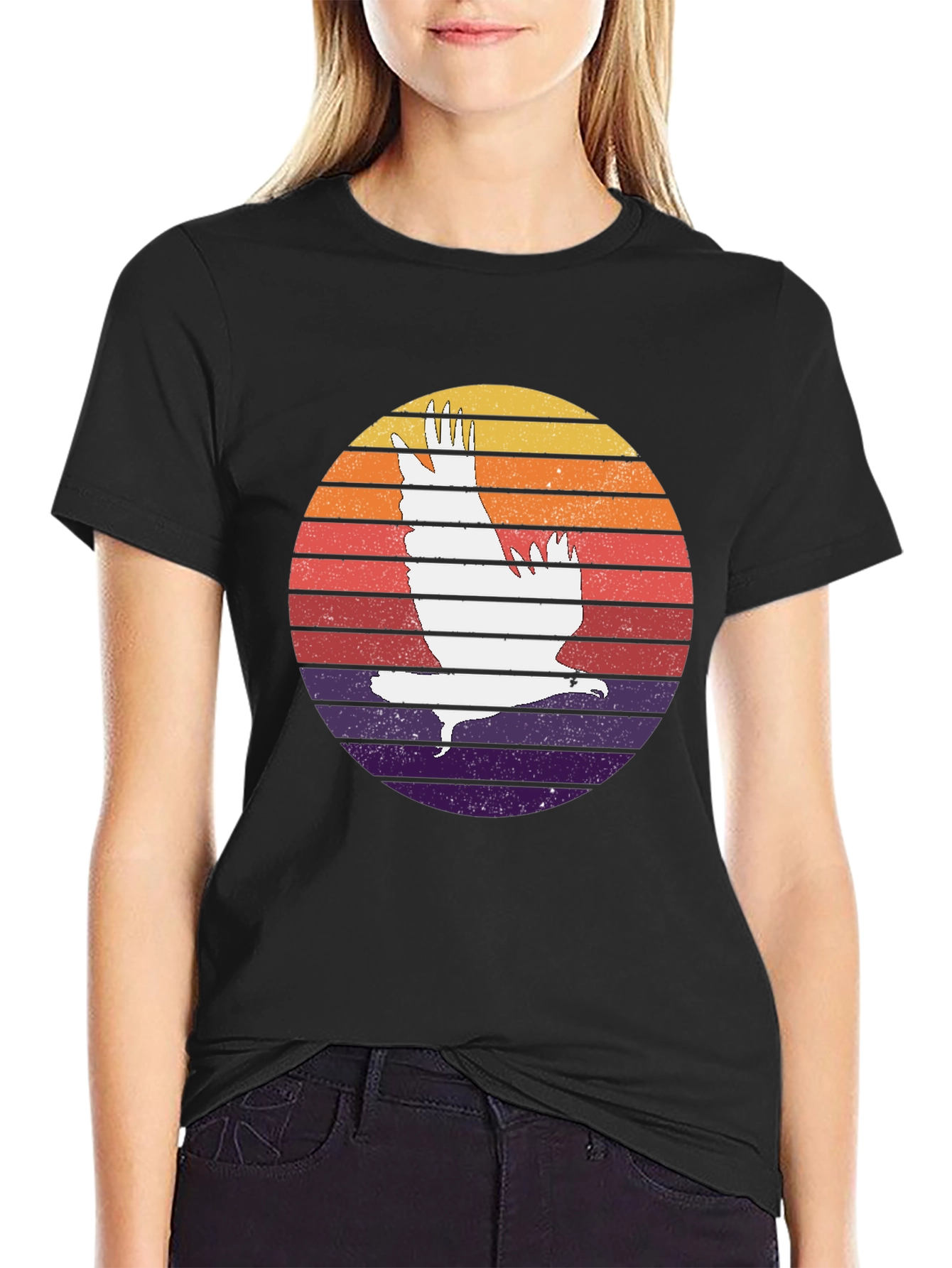 Retro Sunset Eagle Graphic Tee - Black