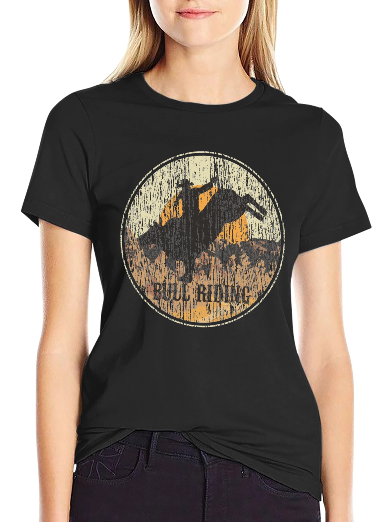 Bull Riding Graphic Print Black T-Shirt
