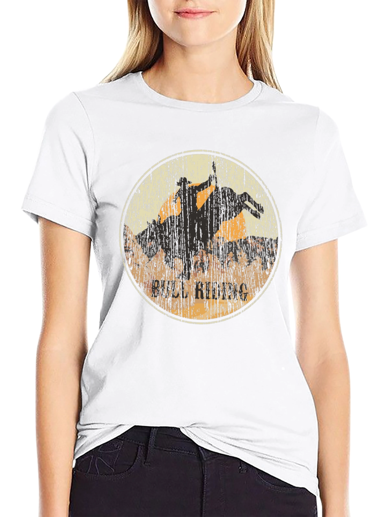 Bull Riding Graphic Print Black T-Shirt