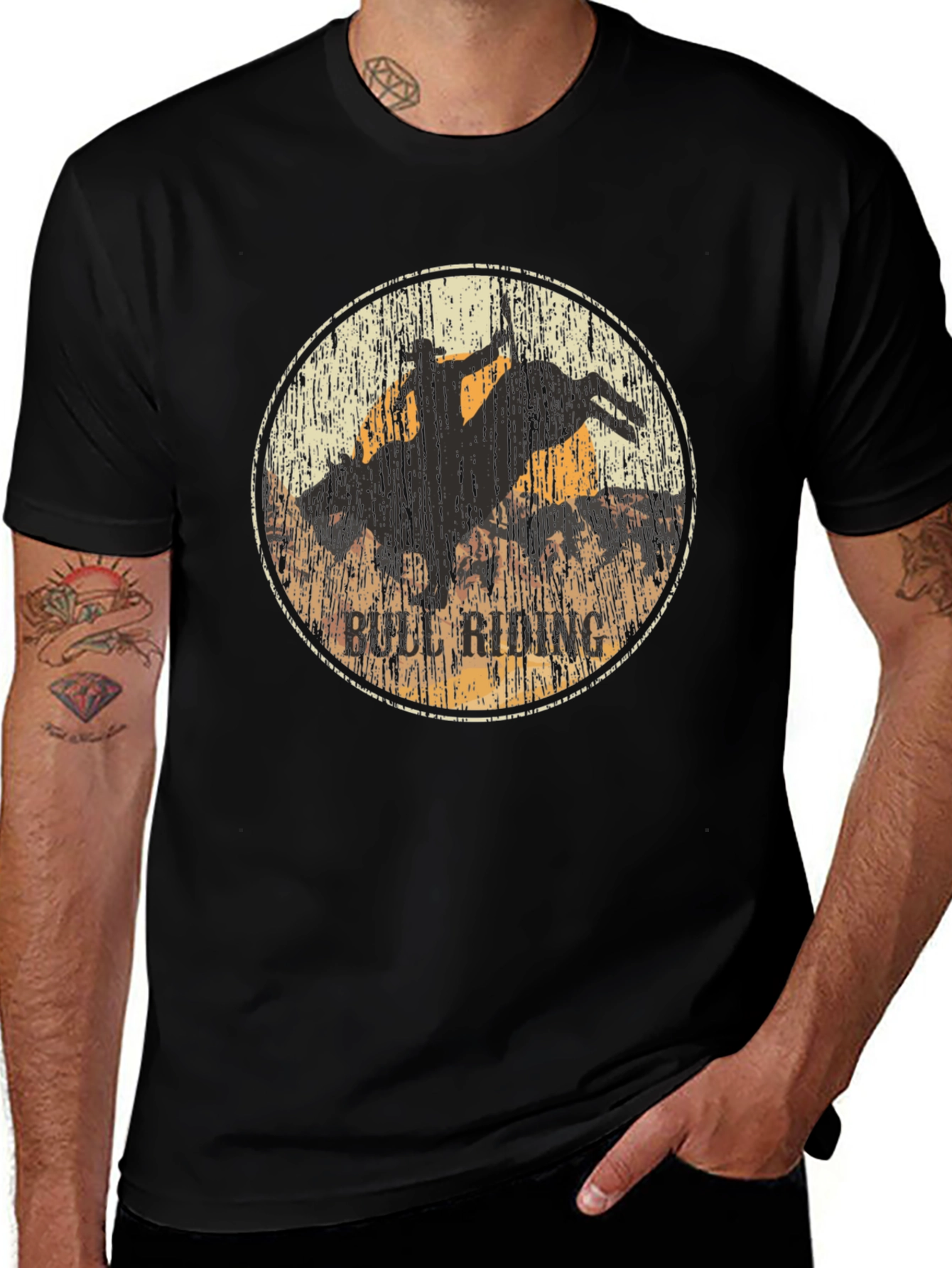 Bull Riding Graphic Print Black T-Shirt