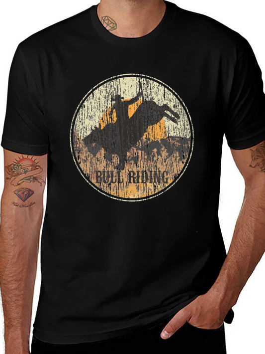 Bull Riding Graphic Print Black T-Shirt