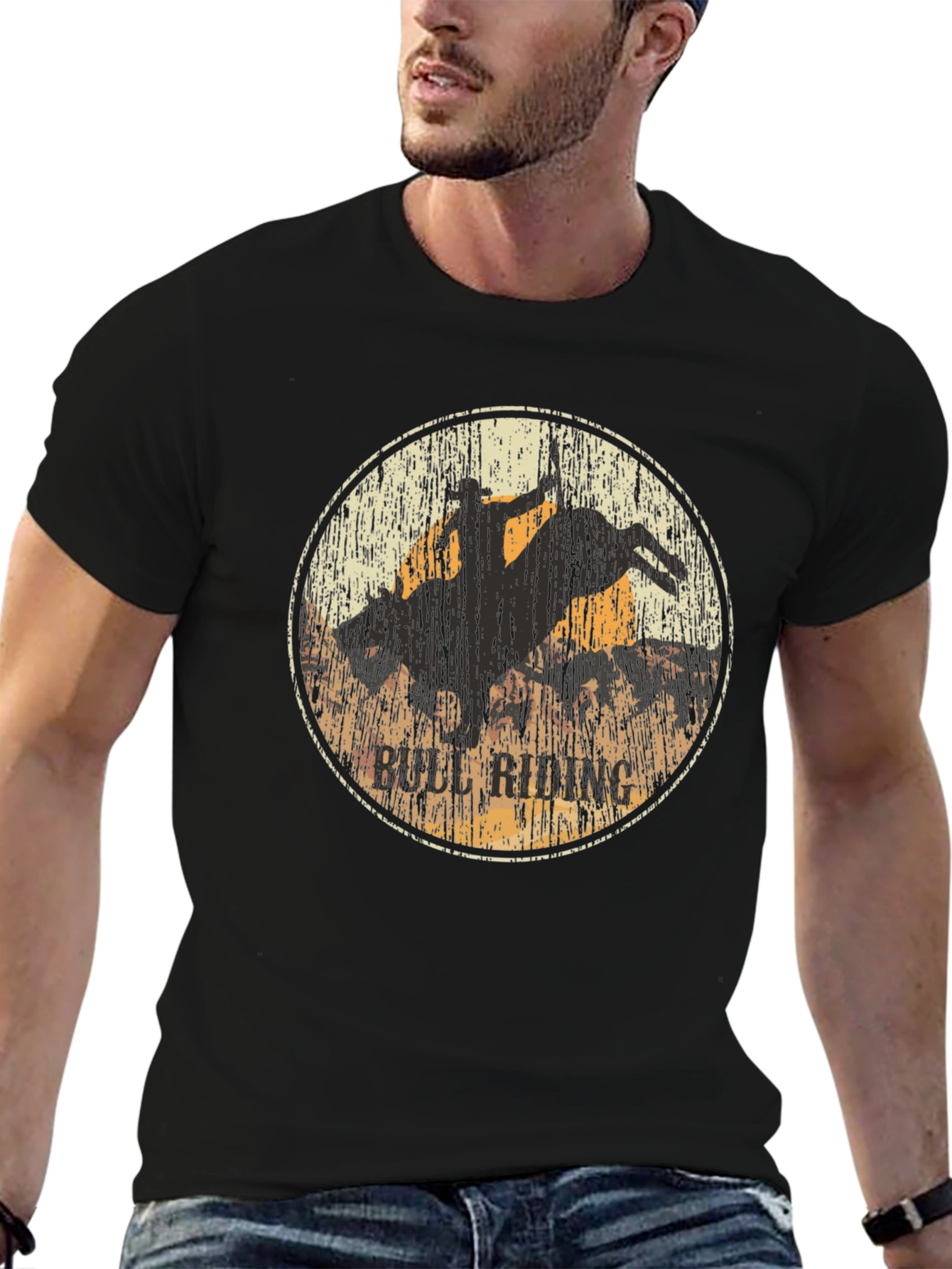 Bull Riding Graphic Print Black T-Shirt