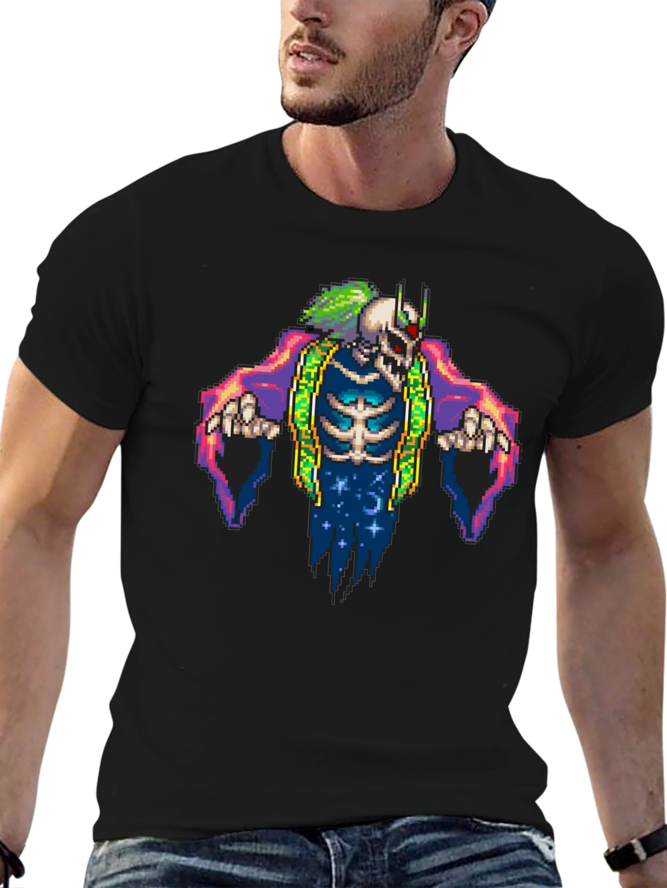 Pixel Art Skeleton Graphic Tee - Black