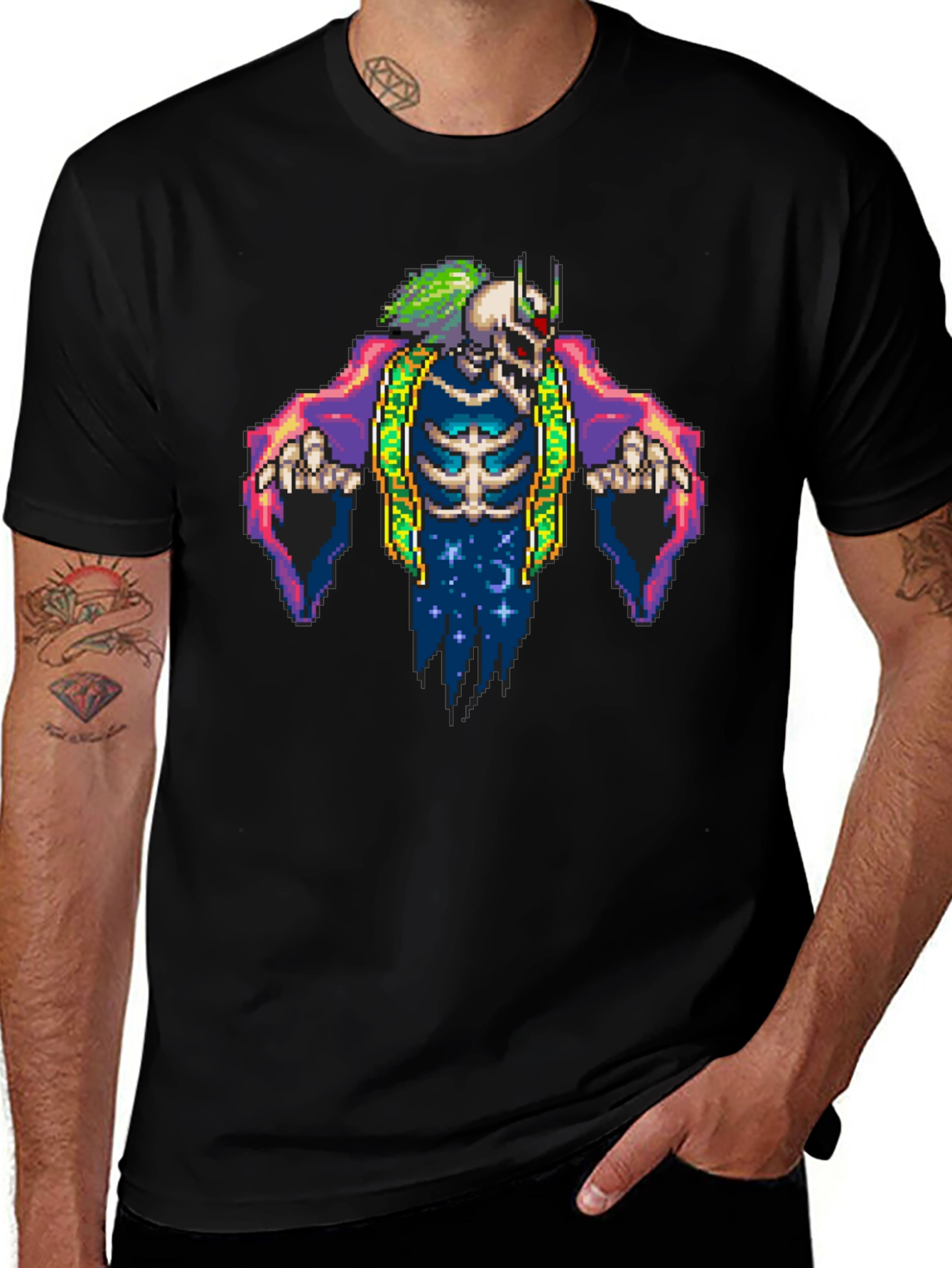 Pixel Art Skeleton Graphic Tee - Black