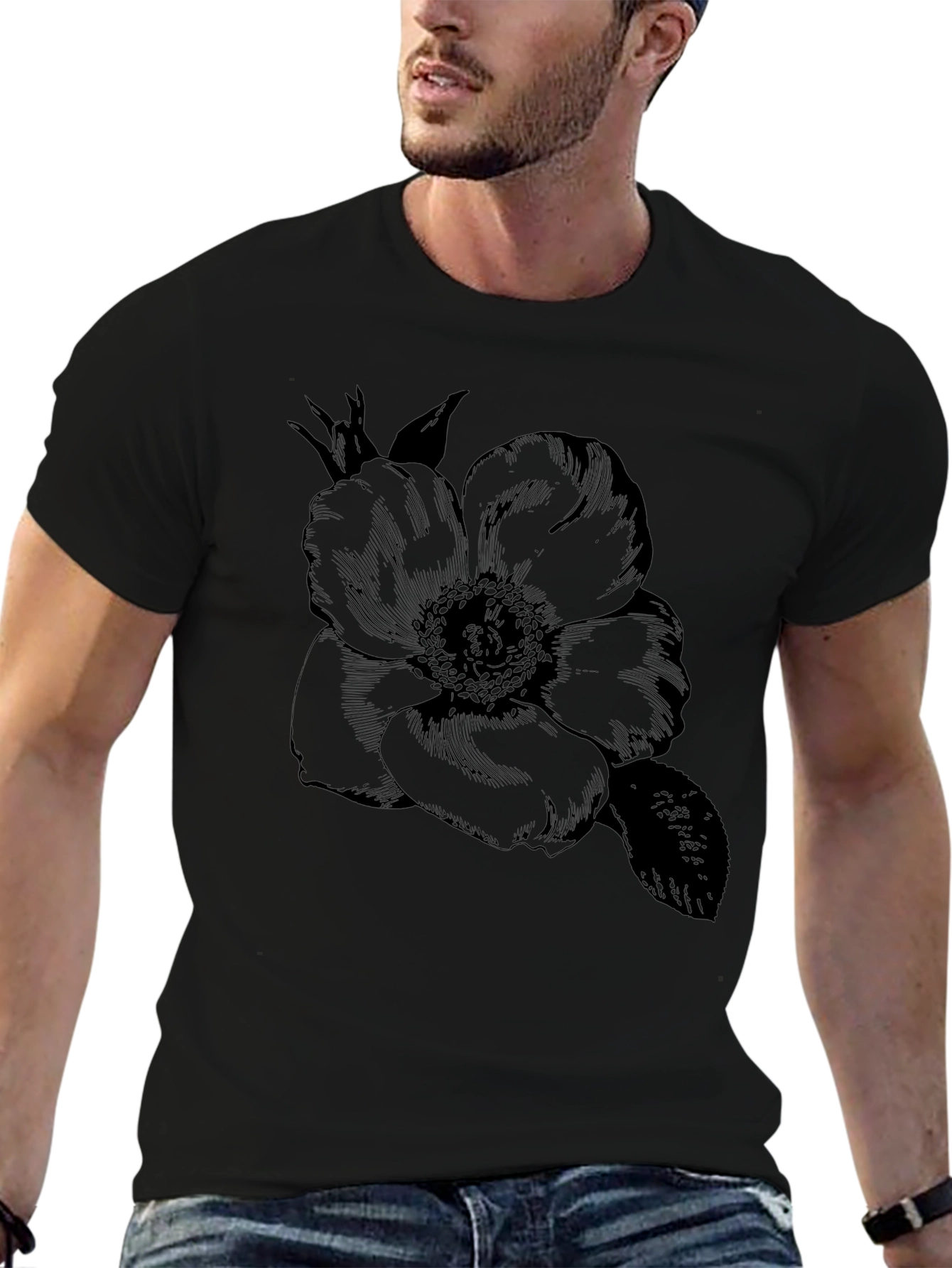 Elegant Floral Graphic Tee - Black Cotton Blend