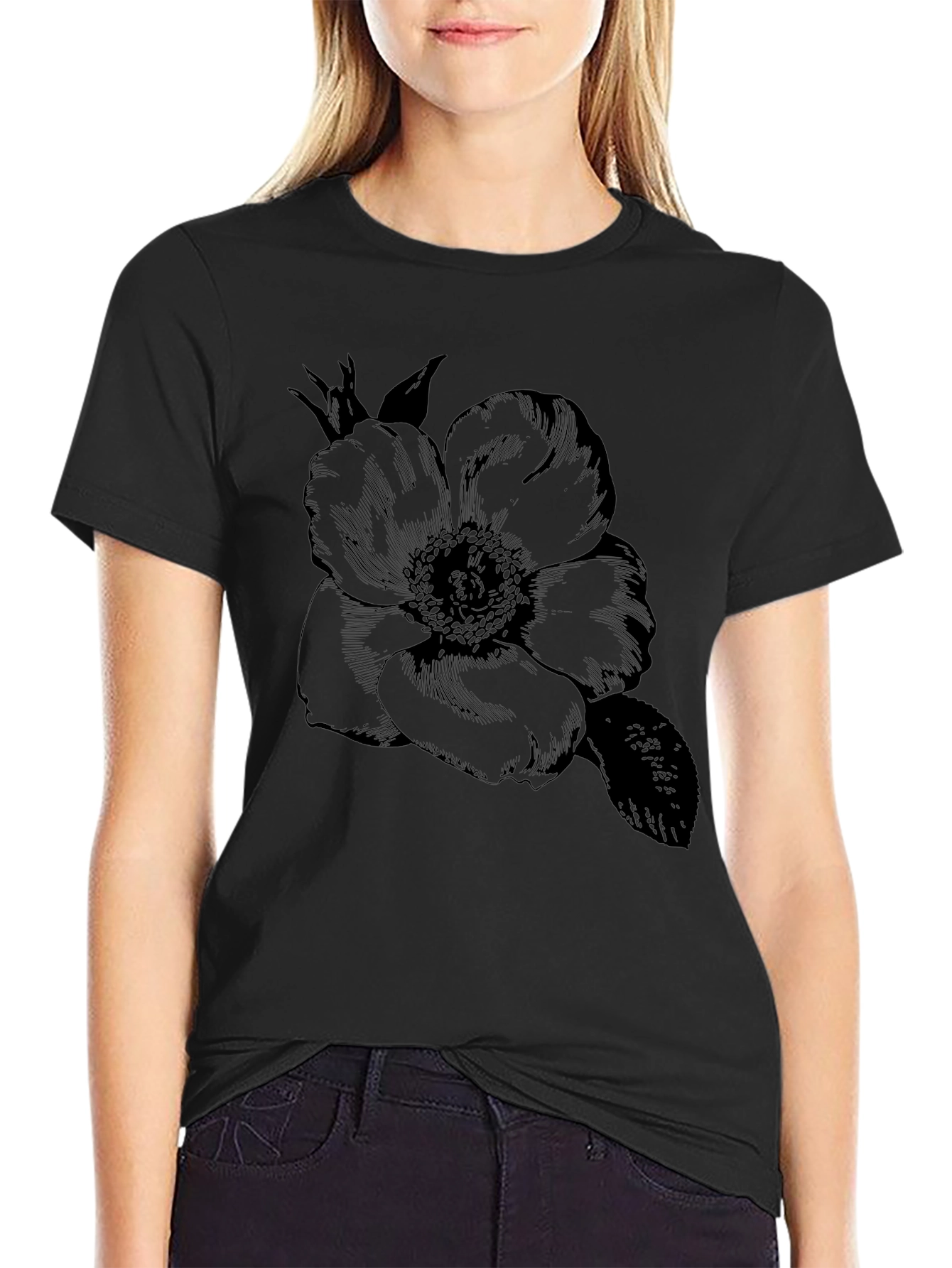 Elegant Floral Graphic Tee - Black Cotton Blend