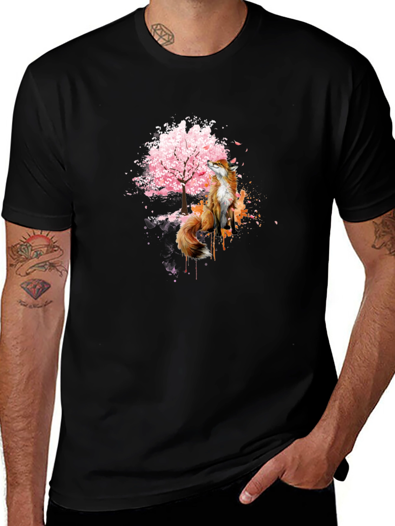 Fox and Cherry Blossom Tree Graphic T-Shirt