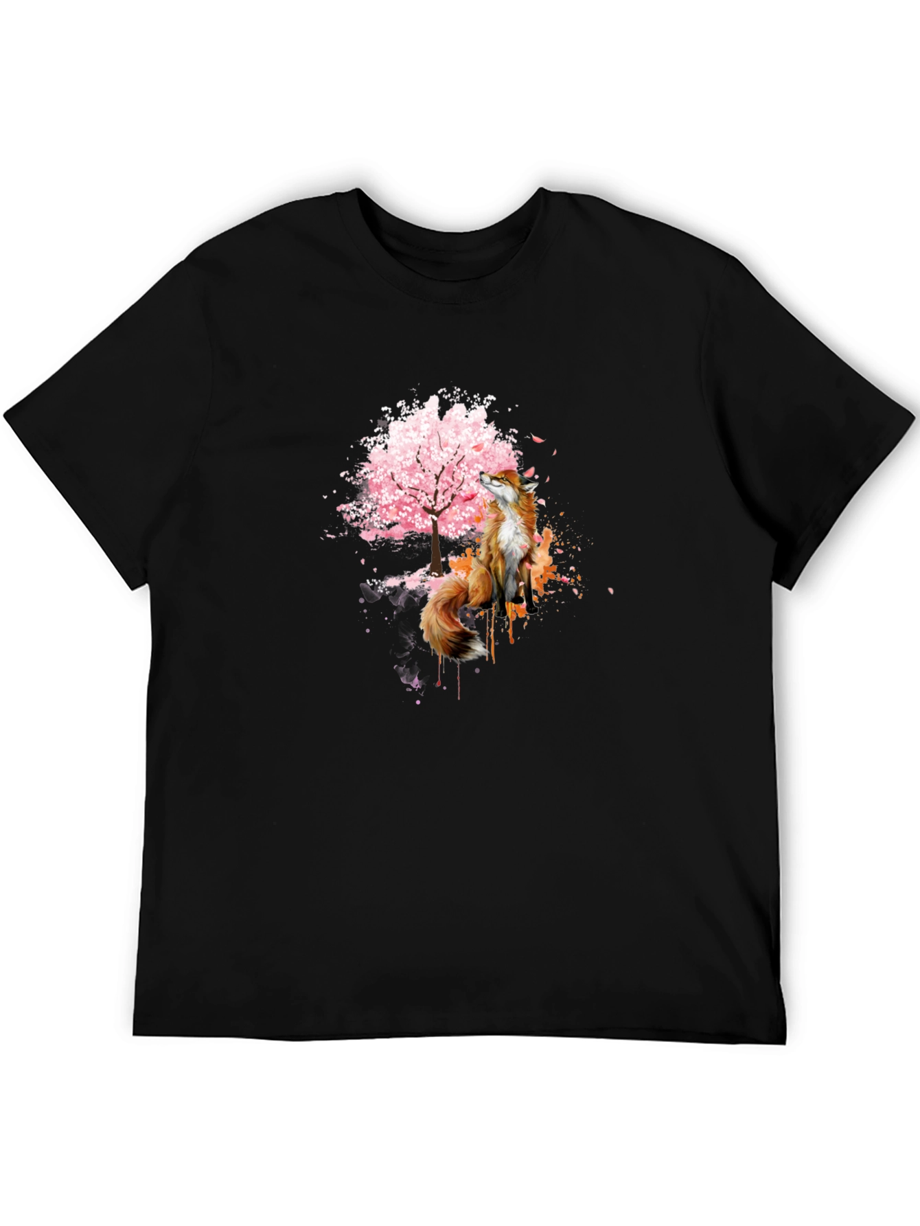 Fox and Cherry Blossom Tree Graphic T-Shirt