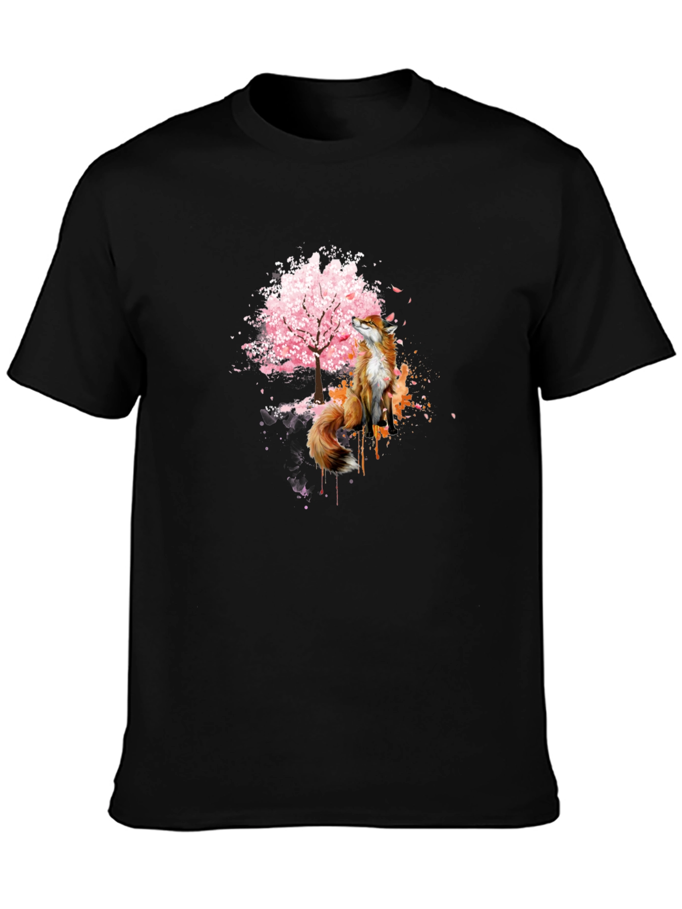 Fox and Cherry Blossom Tree Graphic T-Shirt