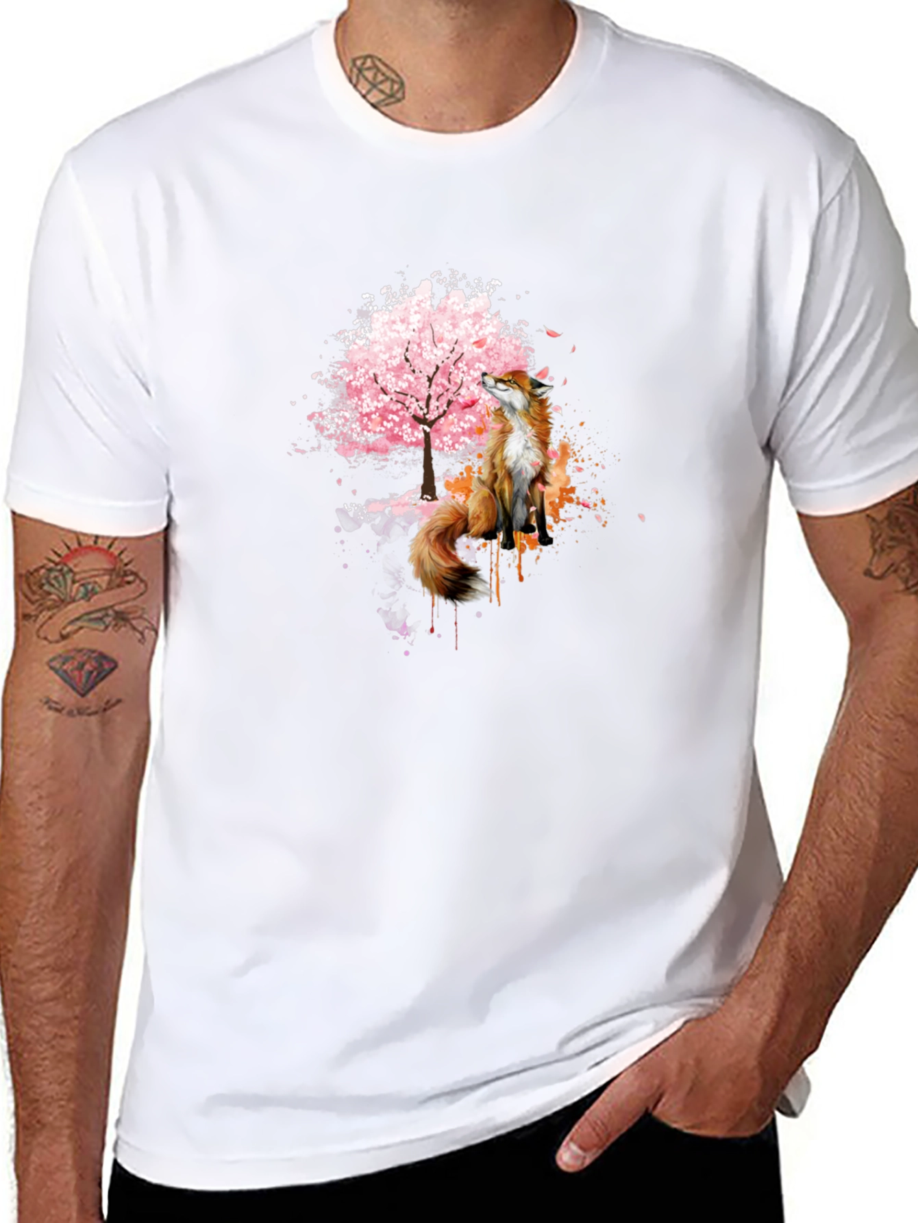 Fox and Cherry Blossom Tree Graphic T-Shirt