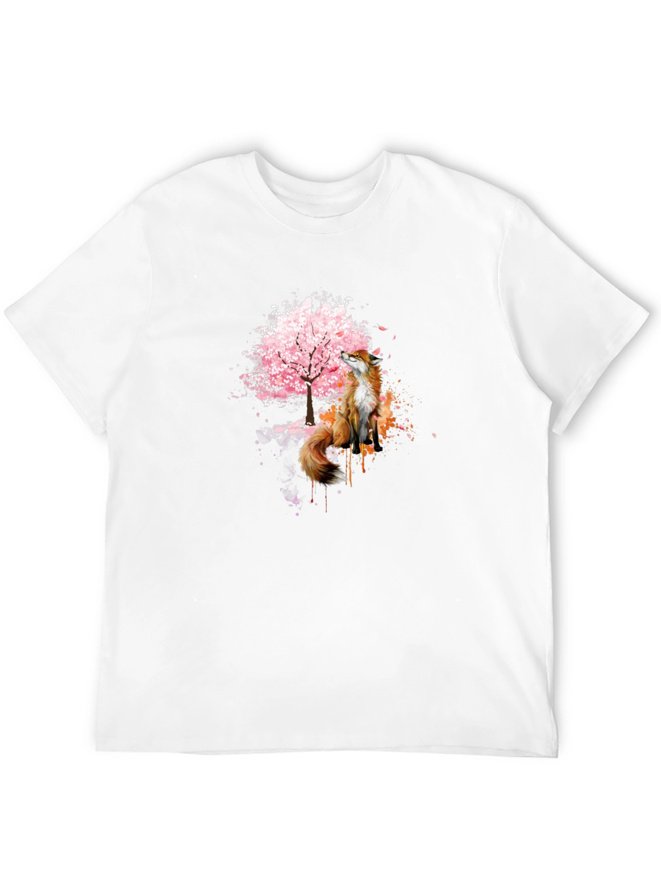 Fox and Cherry Blossom Tree Graphic T-Shirt