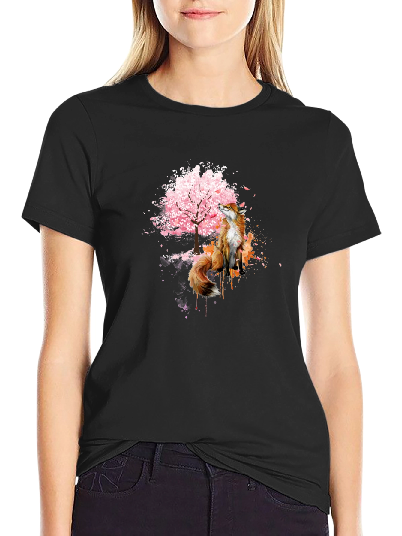 Fox and Cherry Blossom Tree Graphic T-Shirt