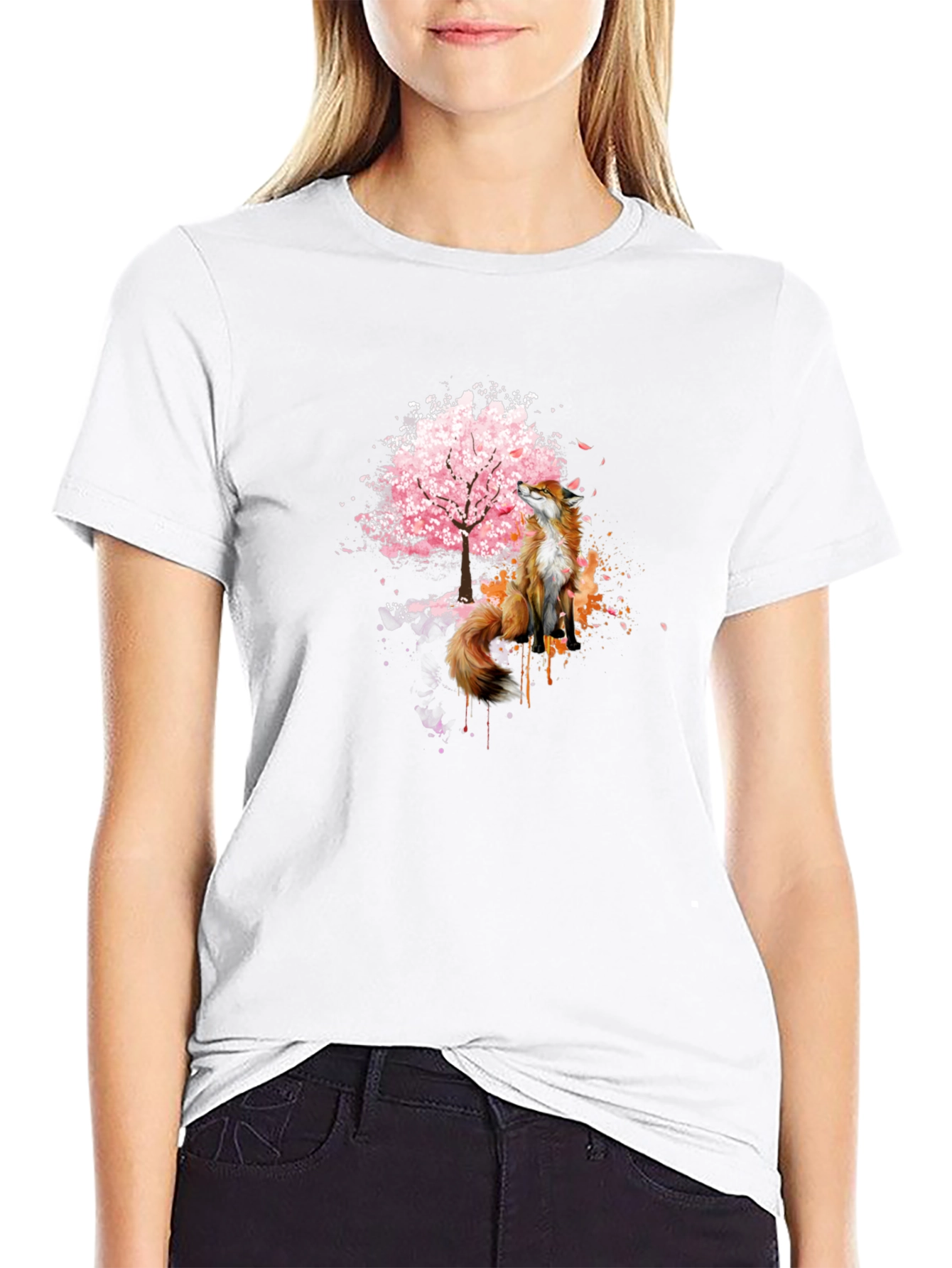 Fox and Cherry Blossom Tree Graphic T-Shirt