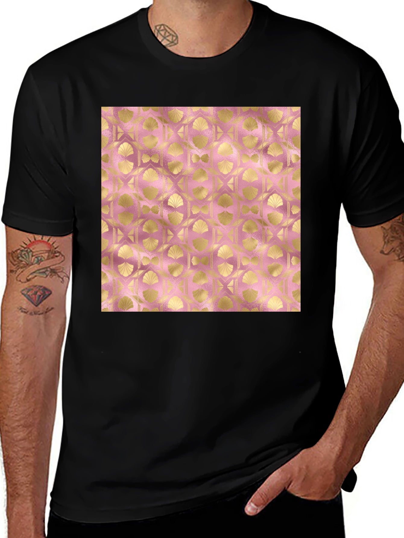 Gold Art Deco Pattern Black T-Shirt