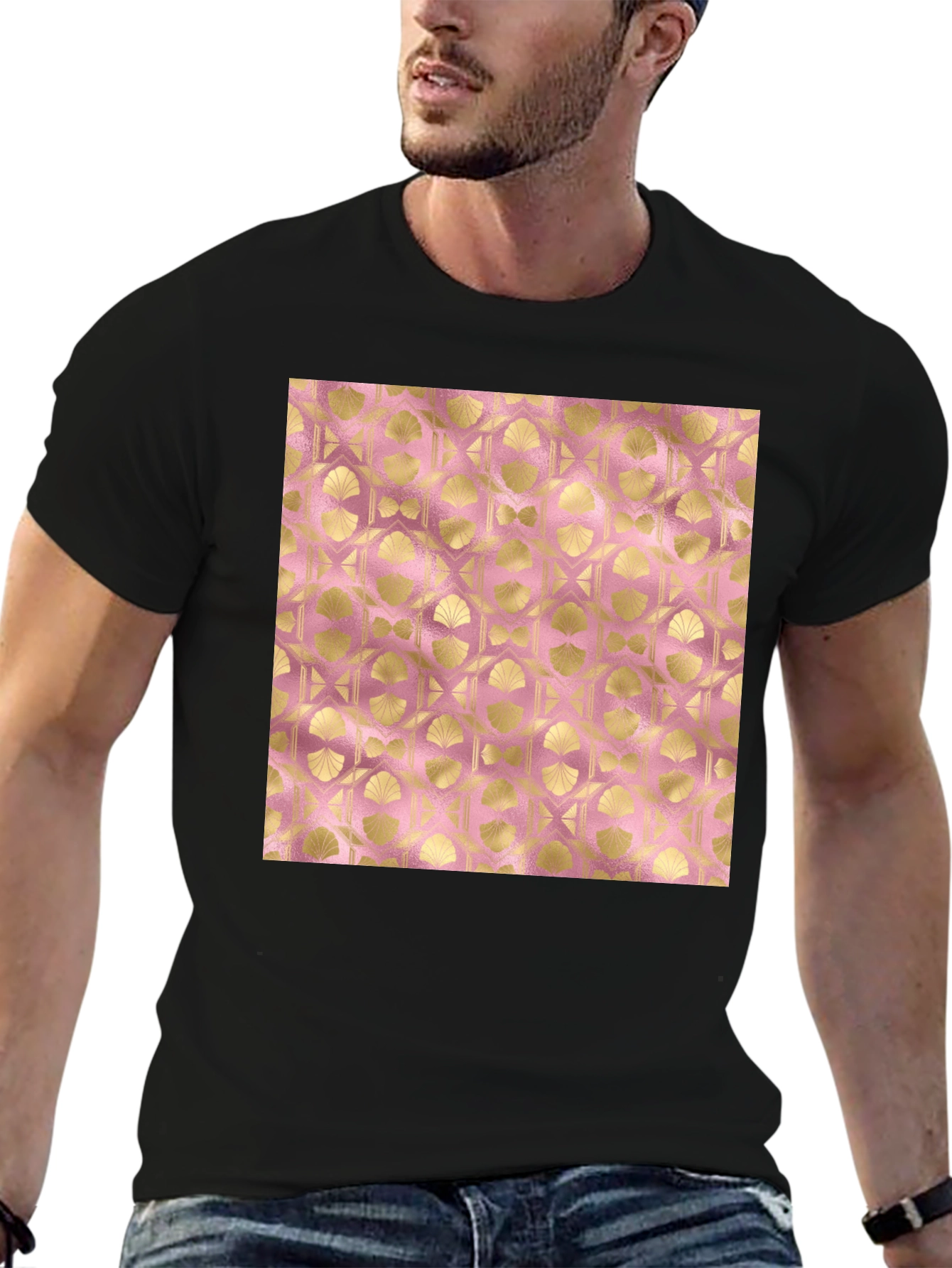 Gold Art Deco Pattern Black T-Shirt