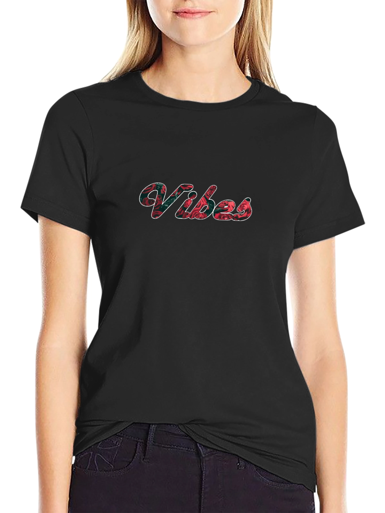 Floral Vibes Graphic Tee - Casual Black T-Shirt