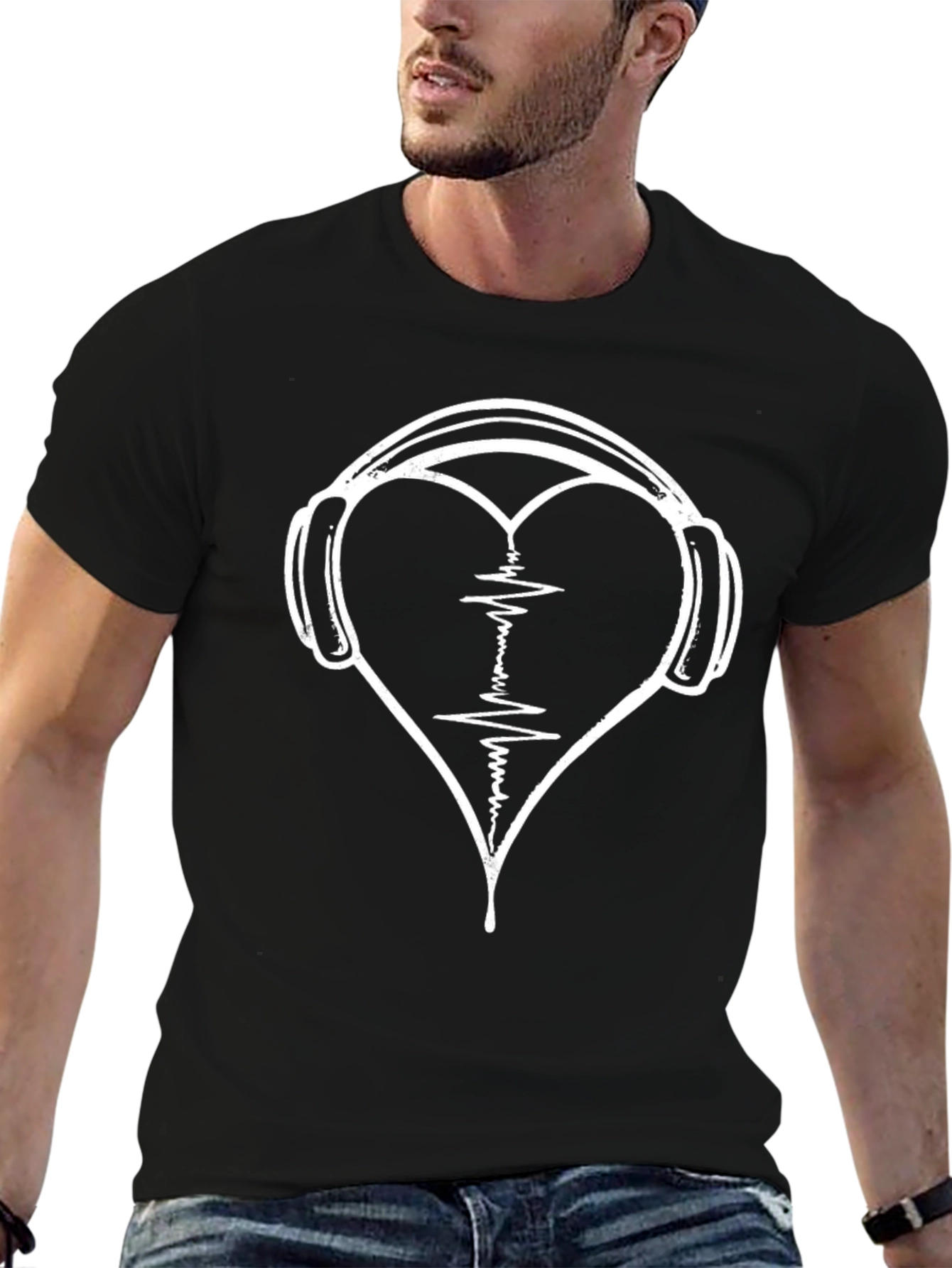 Heartbeat Headphones Black T-Shirt - Music Lover Tee