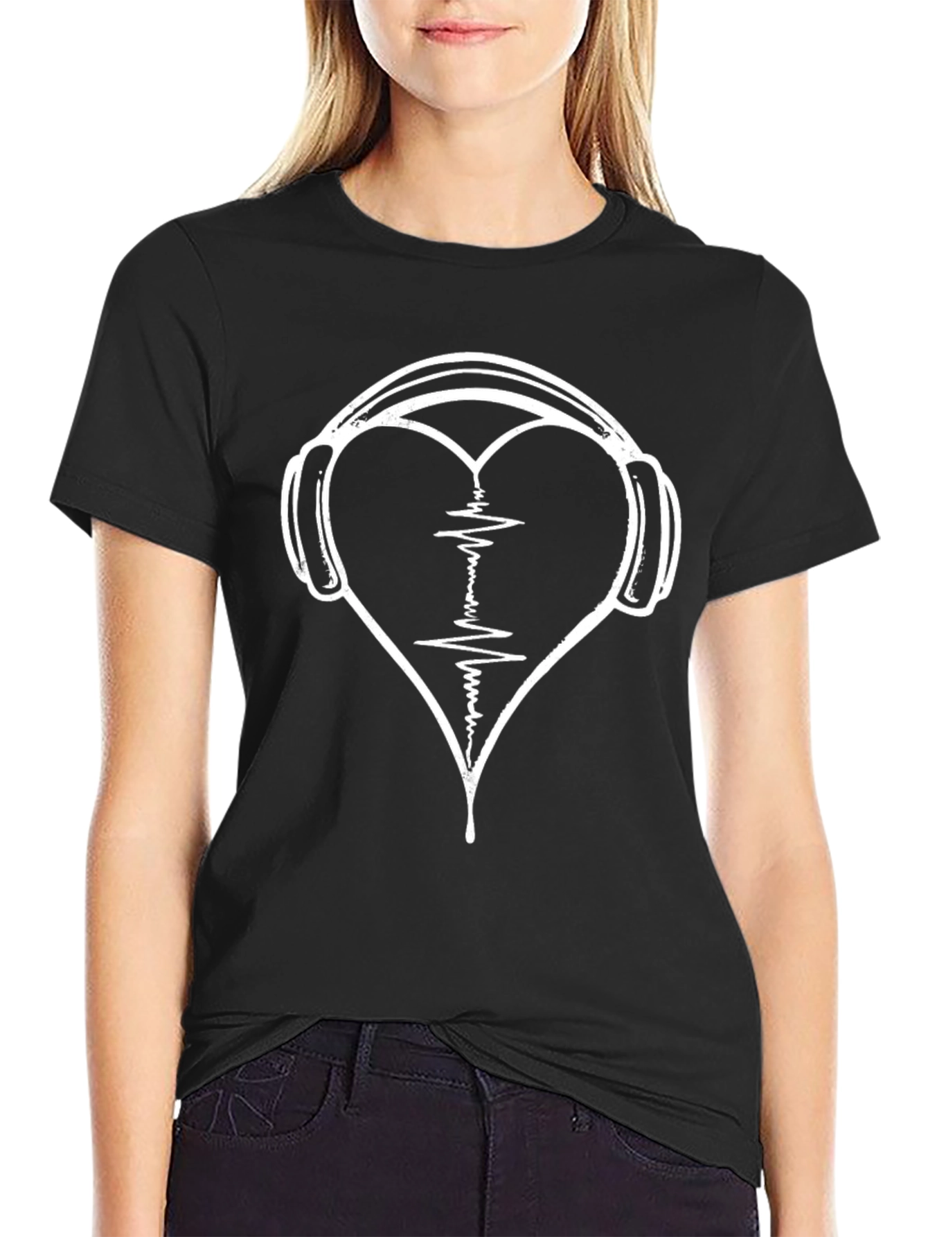 Heartbeat Headphones Black T-Shirt - Music Lover Tee