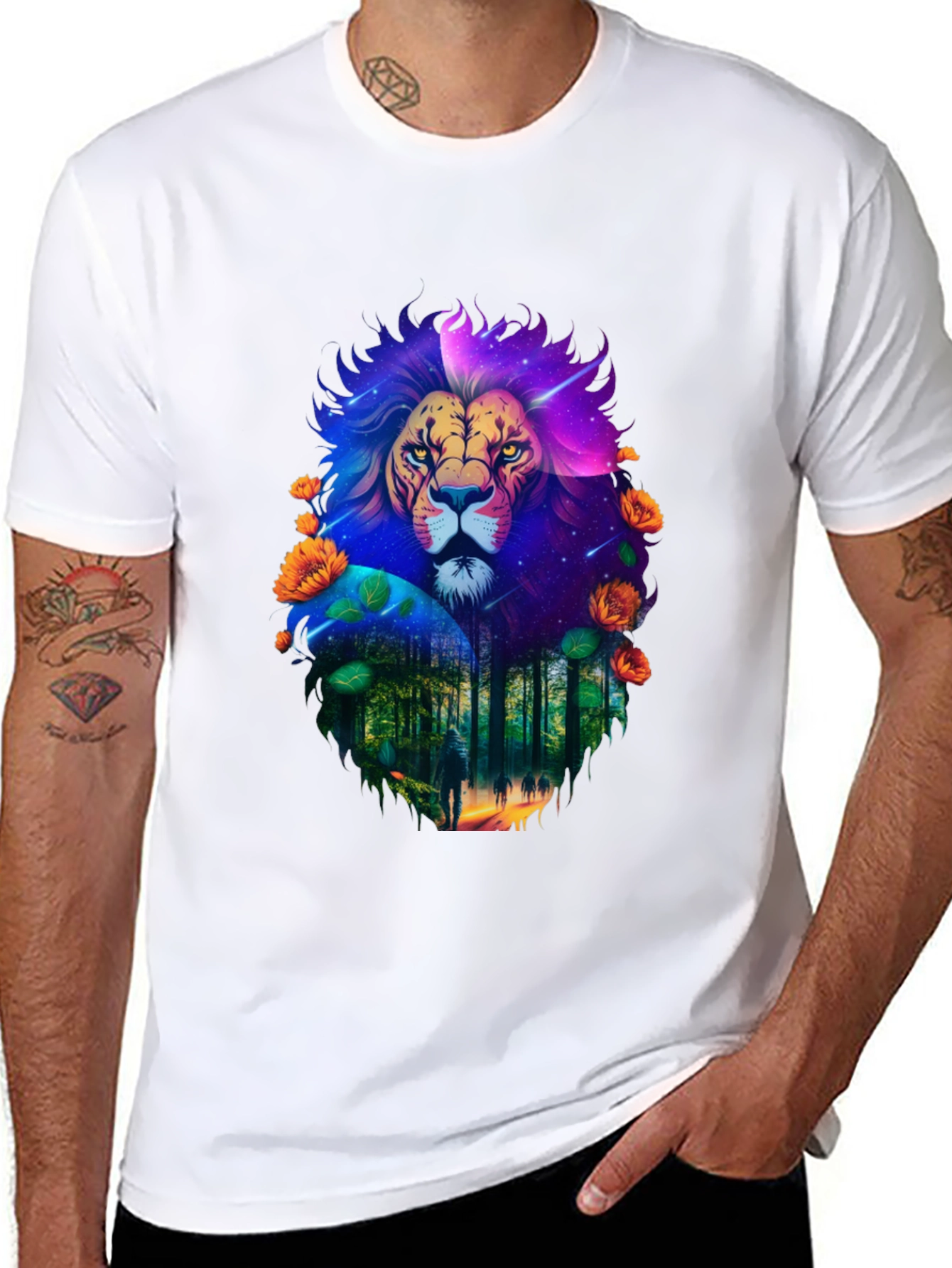 Lion Forest Galaxy Graphic Black T-Shirt