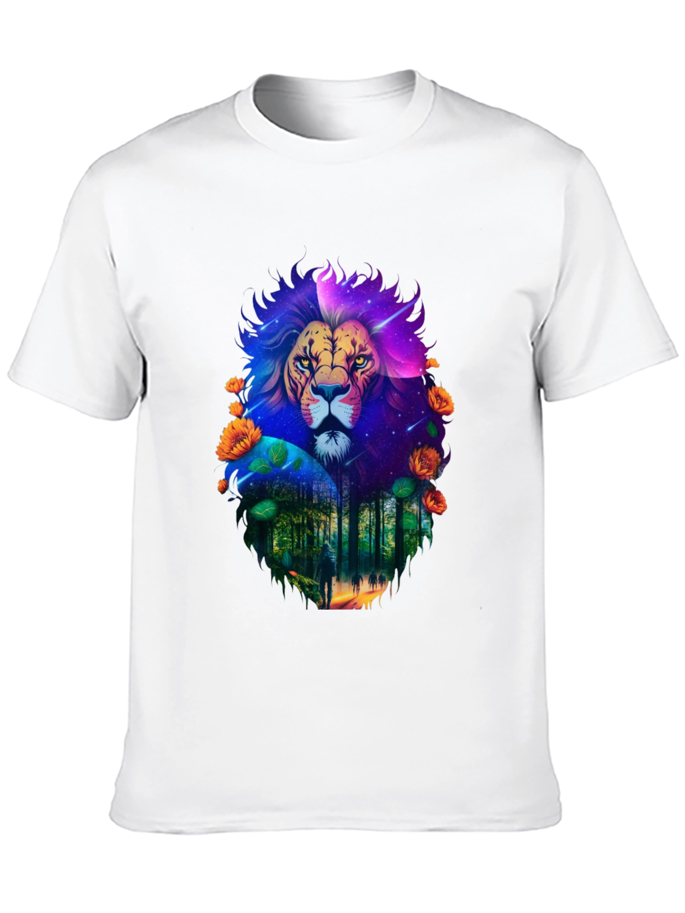 Lion Forest Galaxy Graphic Black T-Shirt