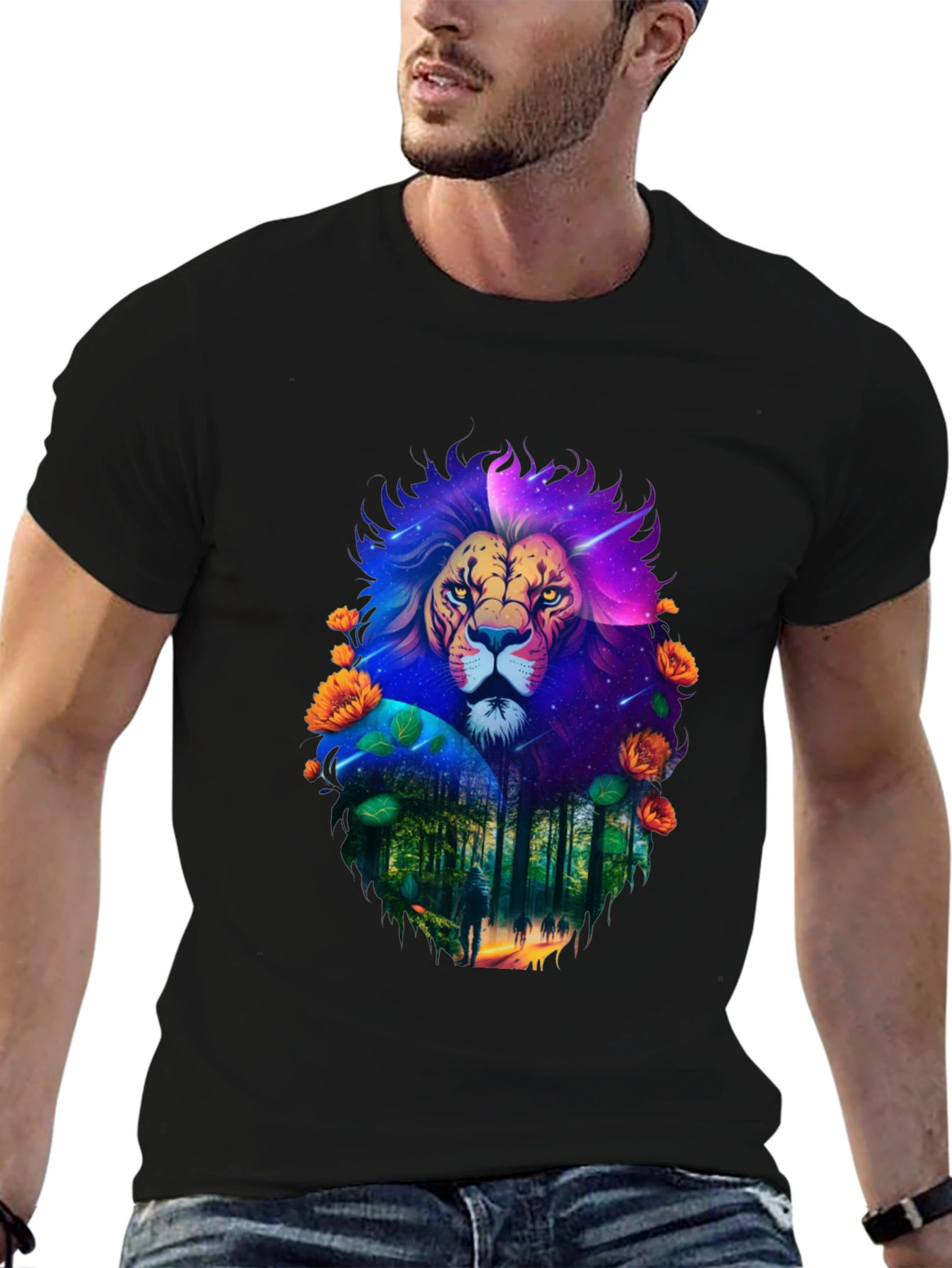 Lion Forest Galaxy Graphic Black T-Shirt