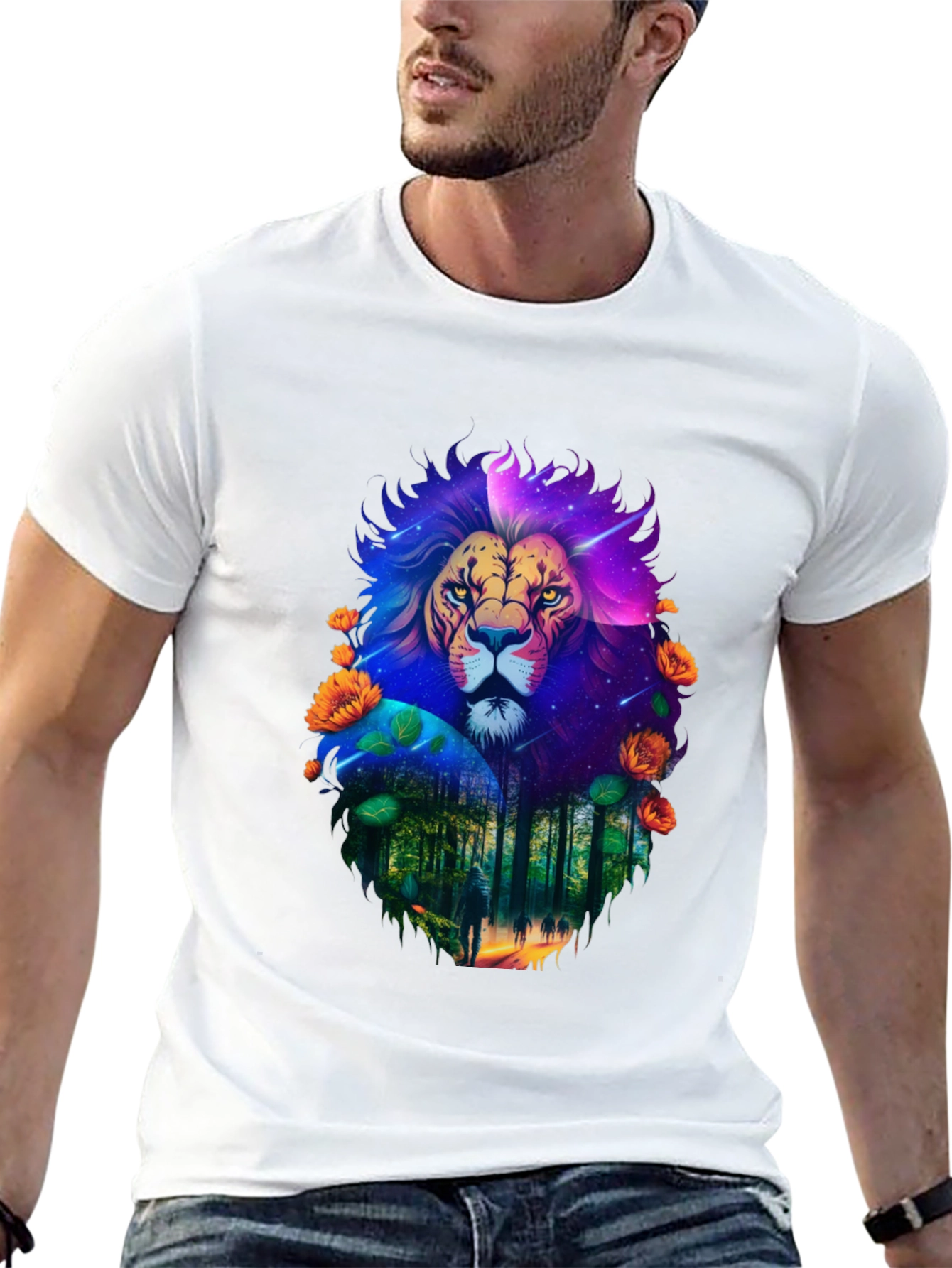 Lion Forest Galaxy Graphic Black T-Shirt
