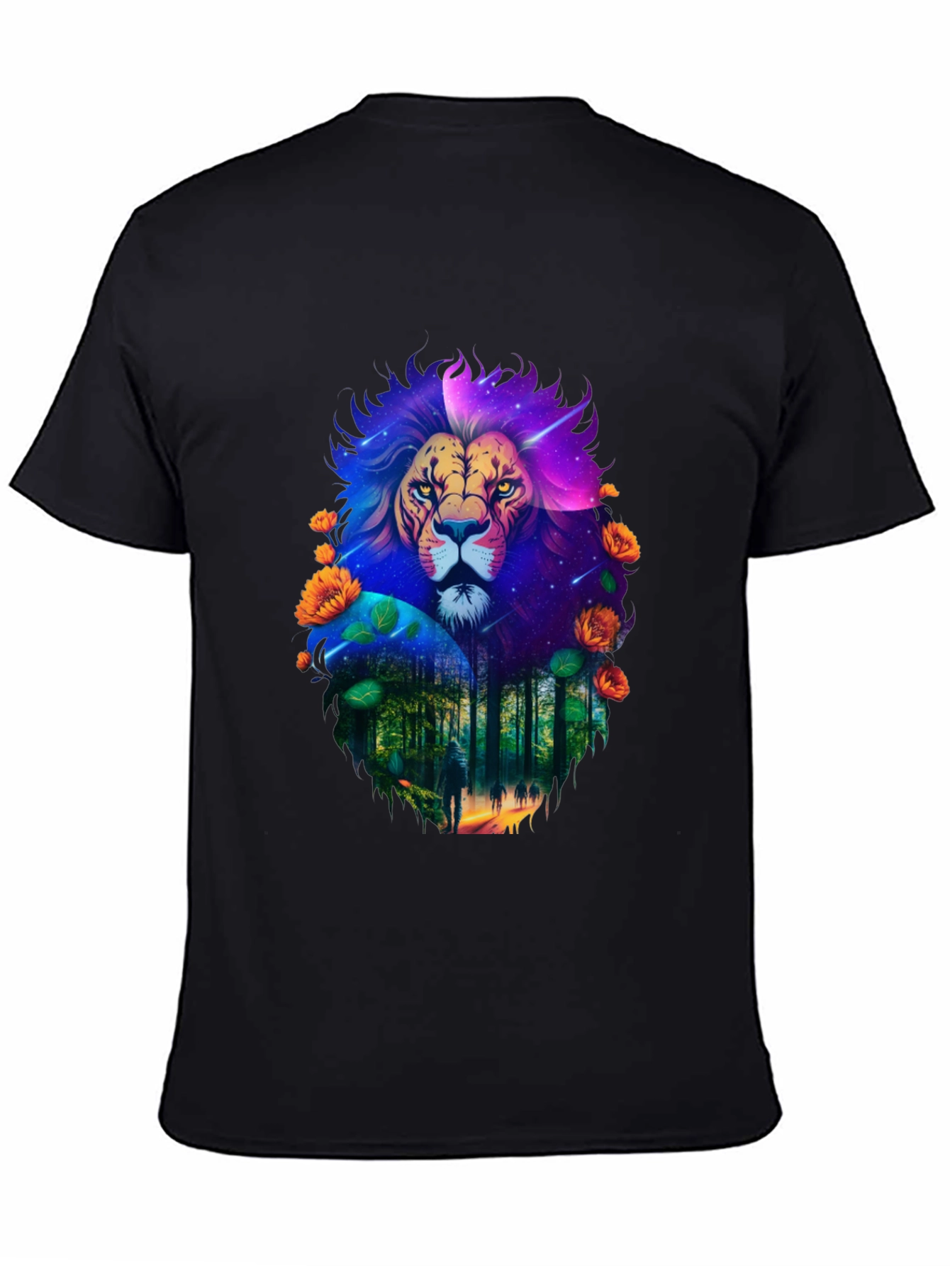Lion Forest Galaxy Graphic Black T-Shirt