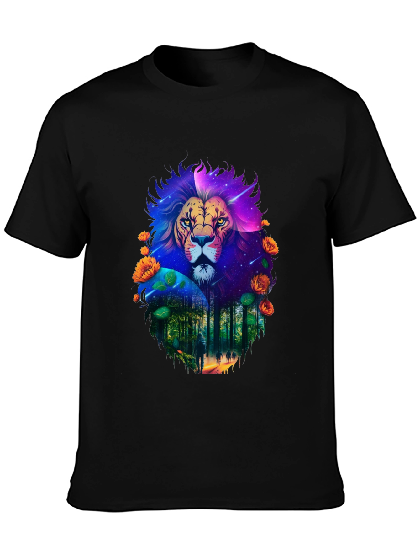 Lion Forest Galaxy Graphic Black T-Shirt