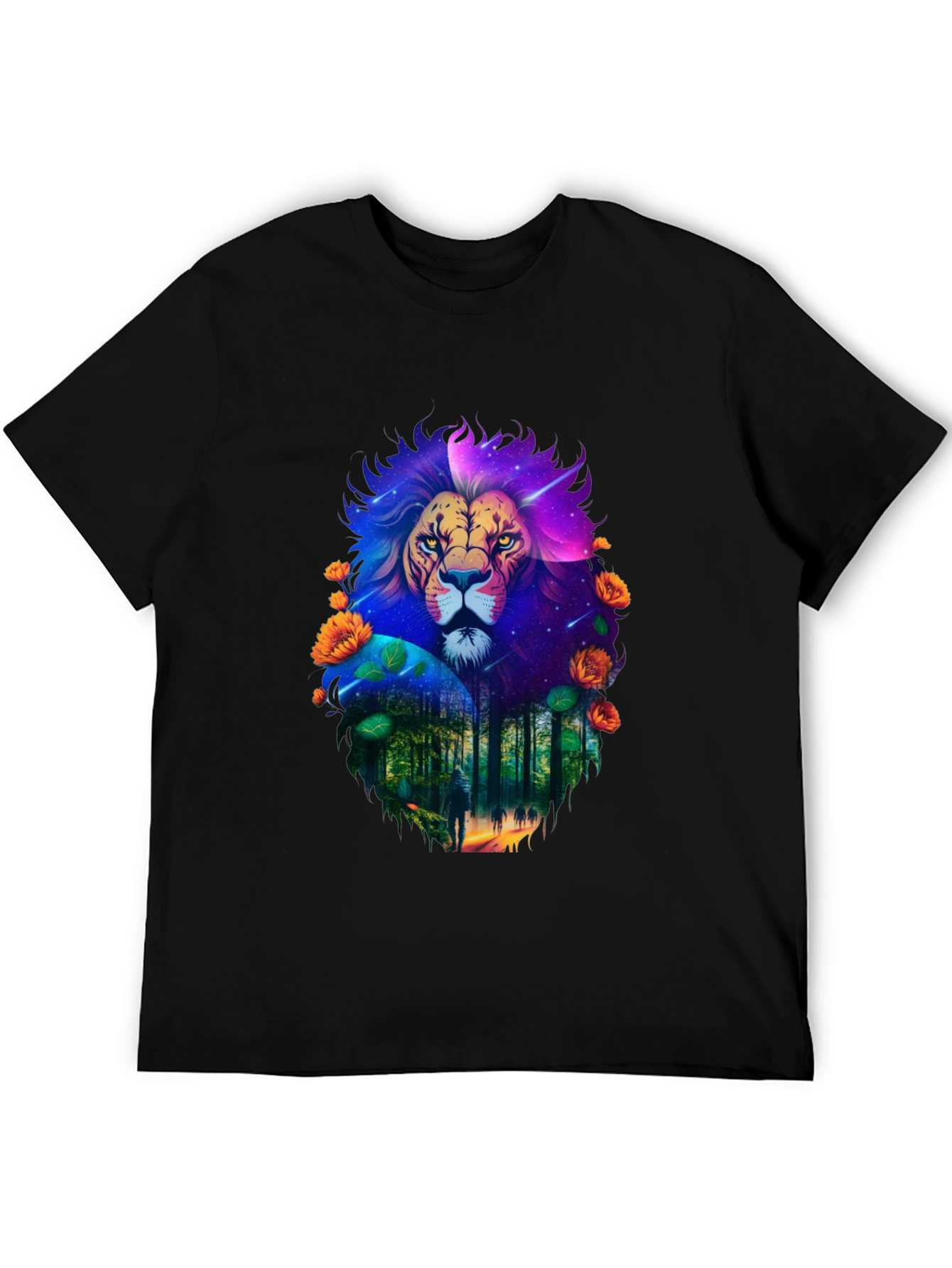 Lion Forest Galaxy Graphic Black T-Shirt