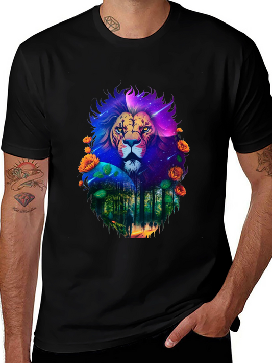Lion Forest Galaxy Graphic Black T-Shirt