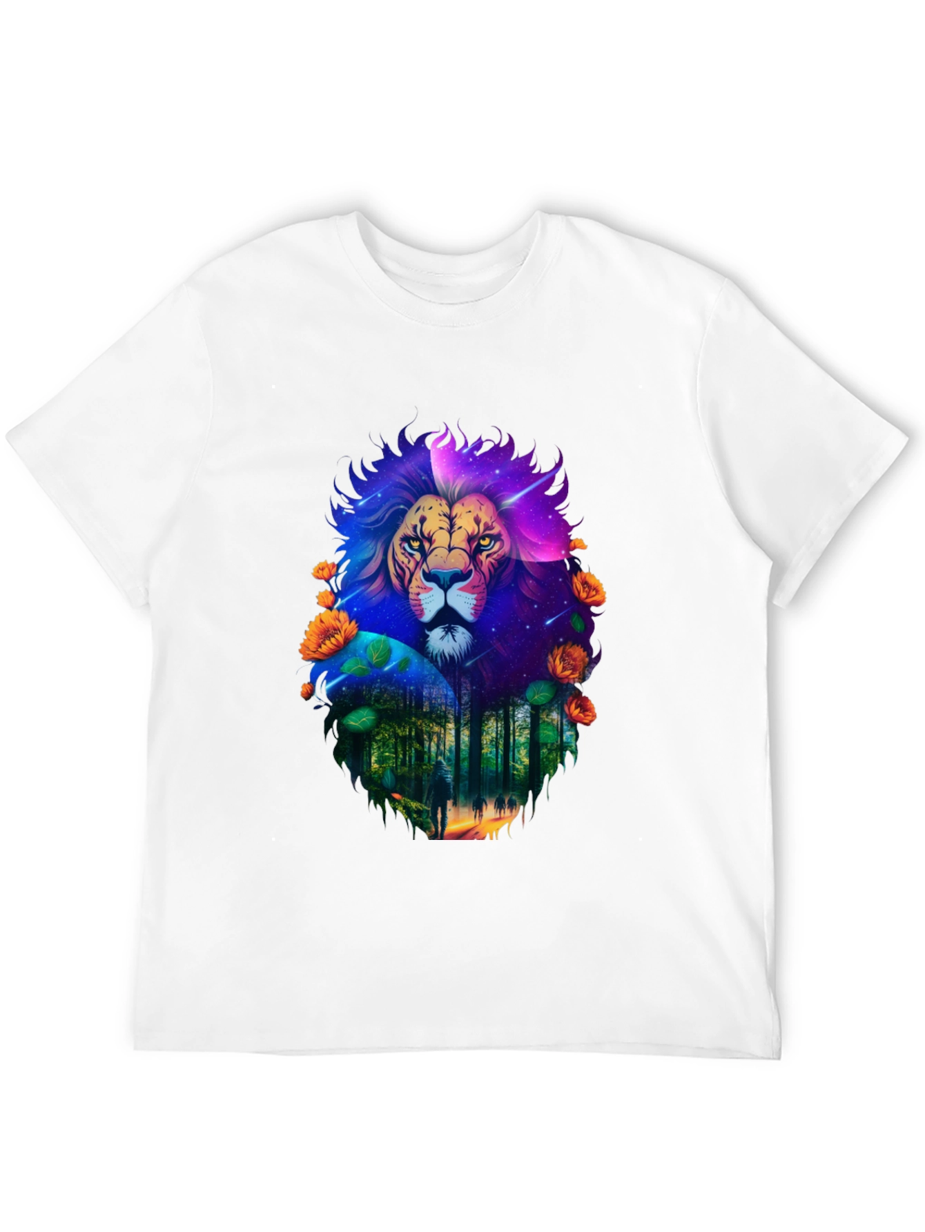 Lion Forest Galaxy Graphic Black T-Shirt