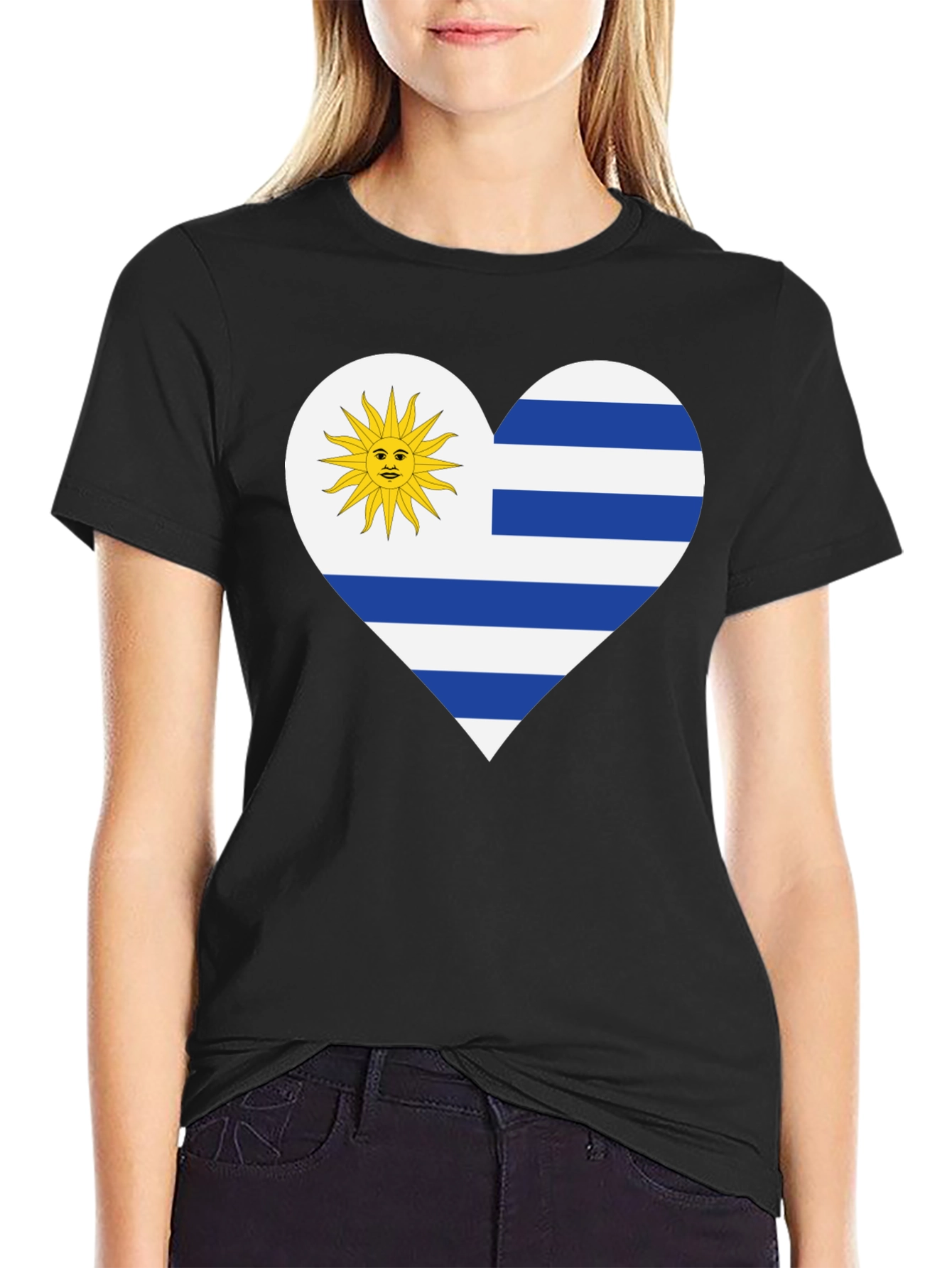 Uruguay Flag Heart T-Shirt - Black Tee